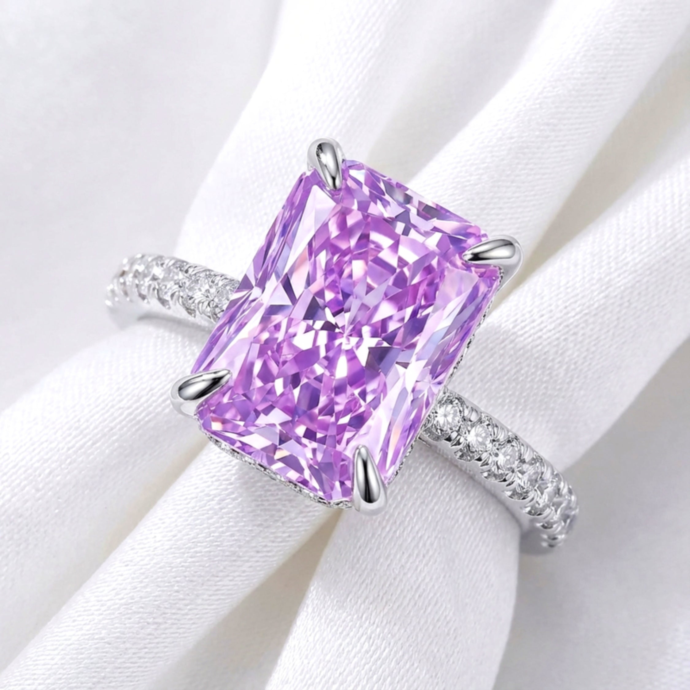 February Radiant Cut Birthstone Pavé Ring - Sterling Silver with Amethyst-Tone Zircon