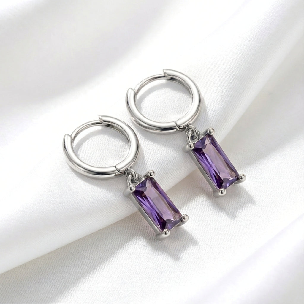 February Emerald Cut Birthstone Huggie Drop Earrings - Sterling Silver with Amethyst-Tone Zircon