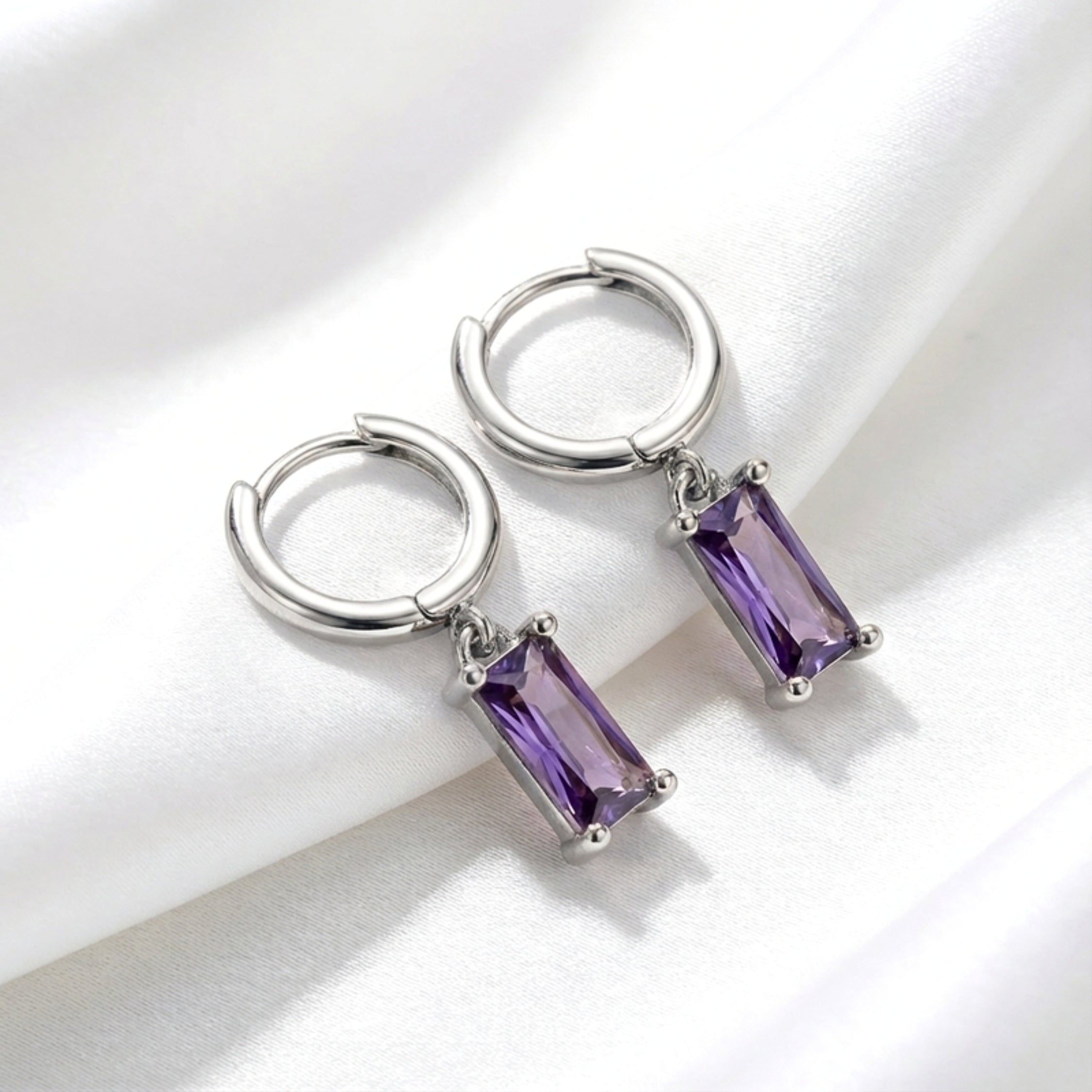 February Emerald Cut Birthstone Huggie Drop Earrings - Gold Plated Sterling Silver with Amethyst-Tone Zircon