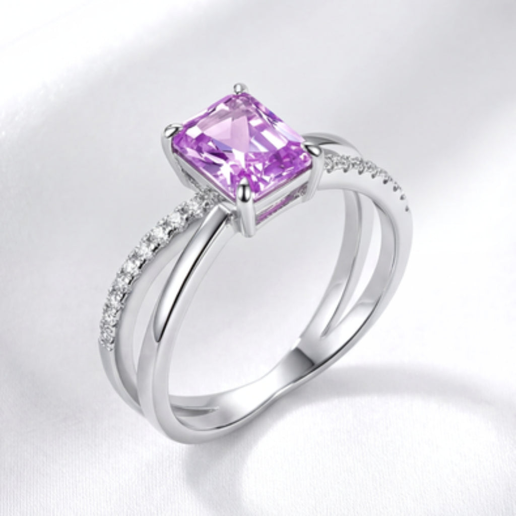 February Birthstone Emerald Cut Ring - Sterling Silver With Amethyst-Tone Zircon