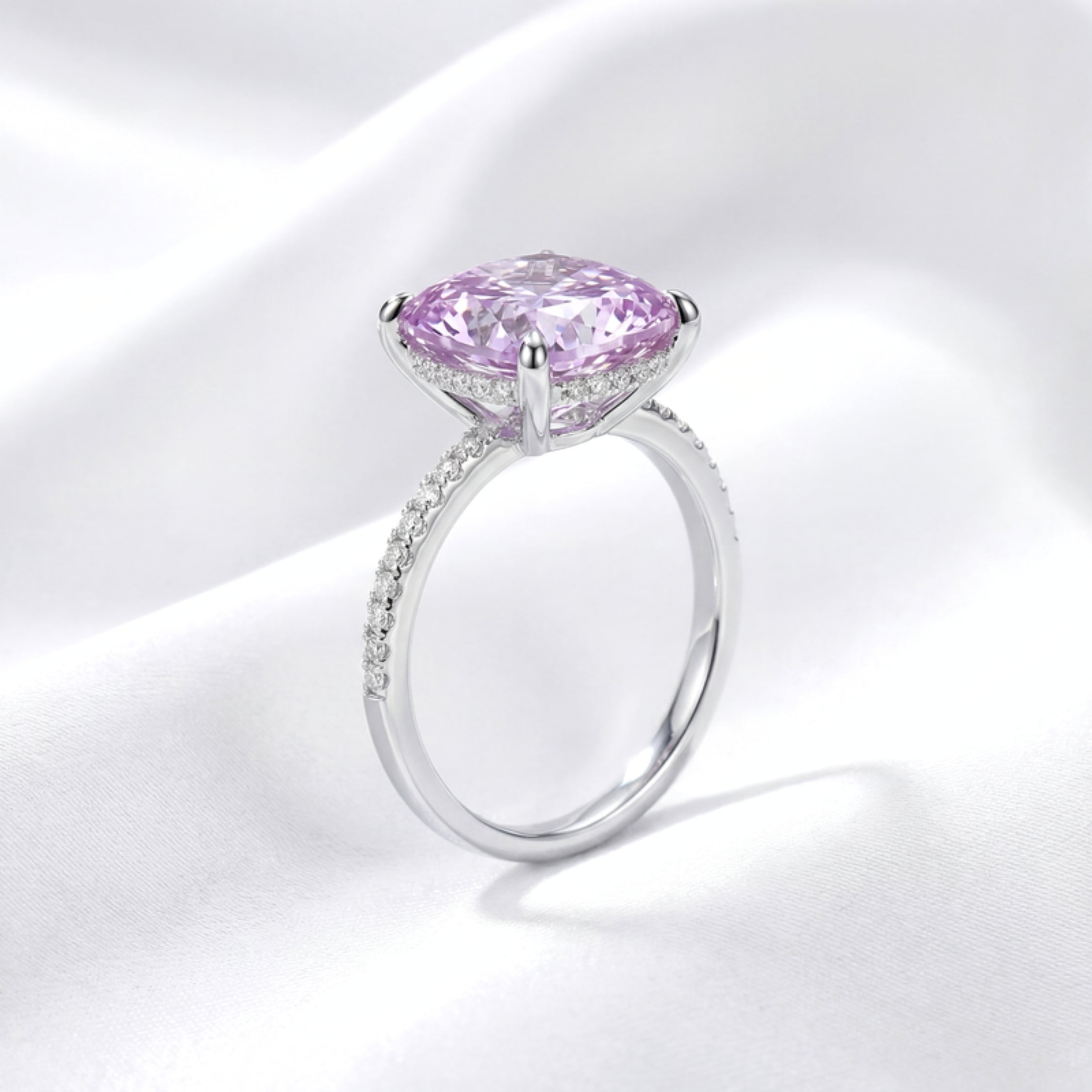 February Birthstone Cushion Cut Eternity Ring - Sterling Silver Amethyst Tone Zircon