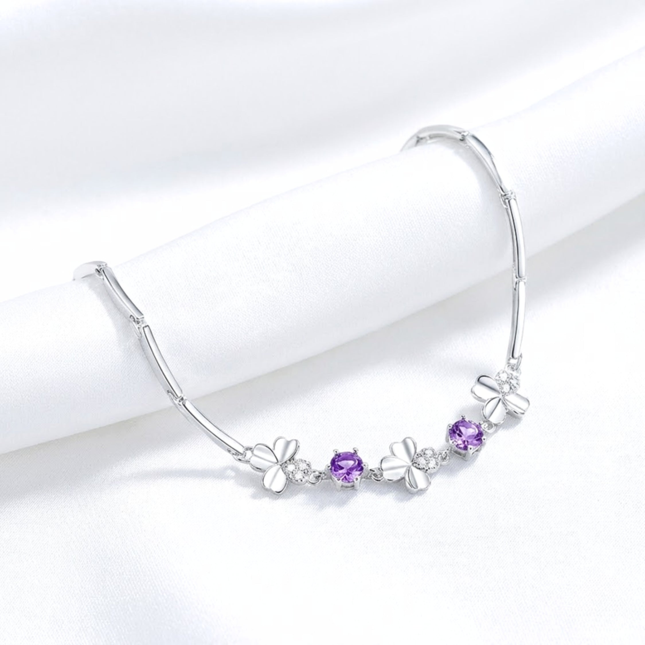 February Four-Leaf Clover Birthstone Bracelet - Sterling Silver with Amethyst-Tone Zircon