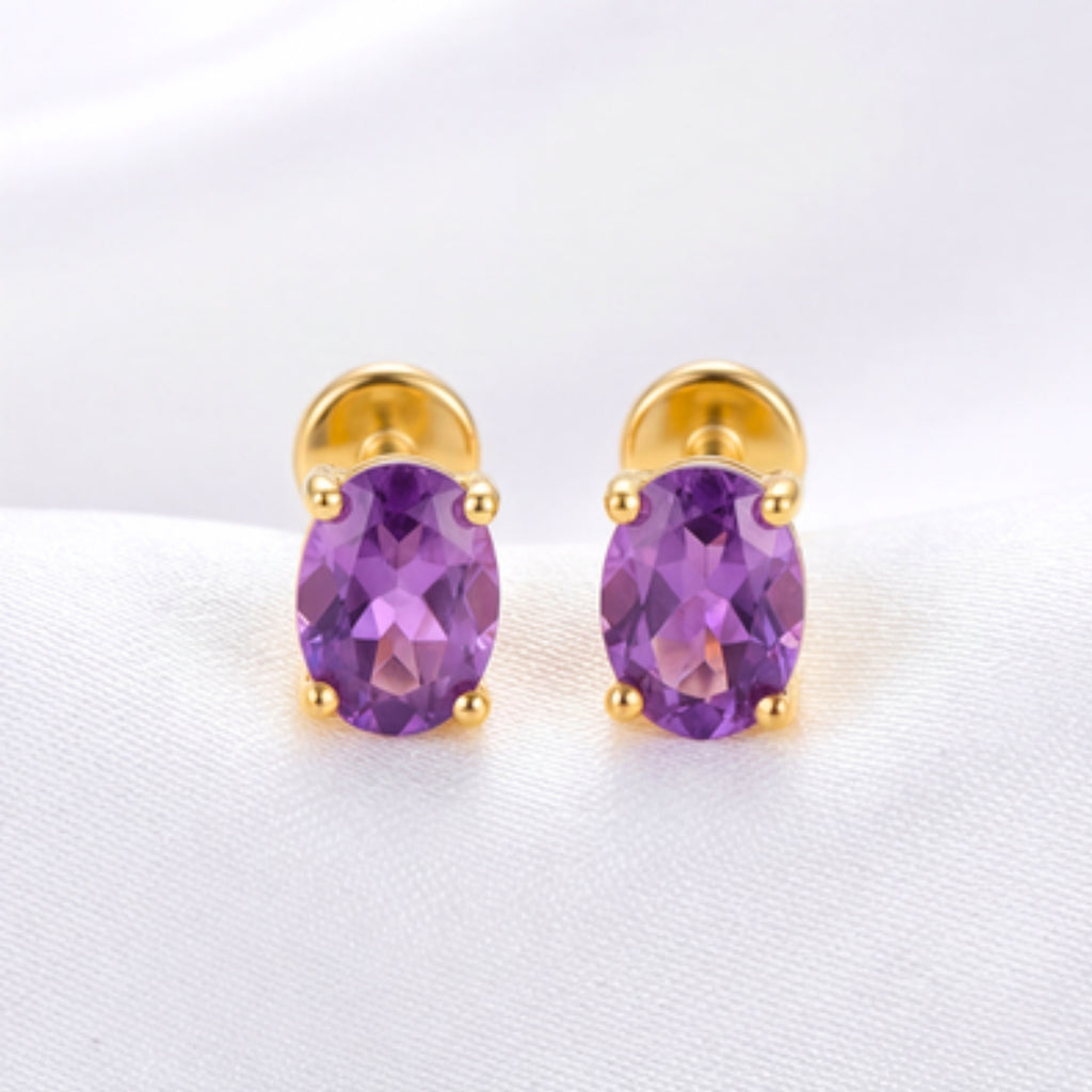 February Oval Cut Birthstone Stud Earrings - Gold Plated Sterling Silver with Amethyst-Tone Zircon