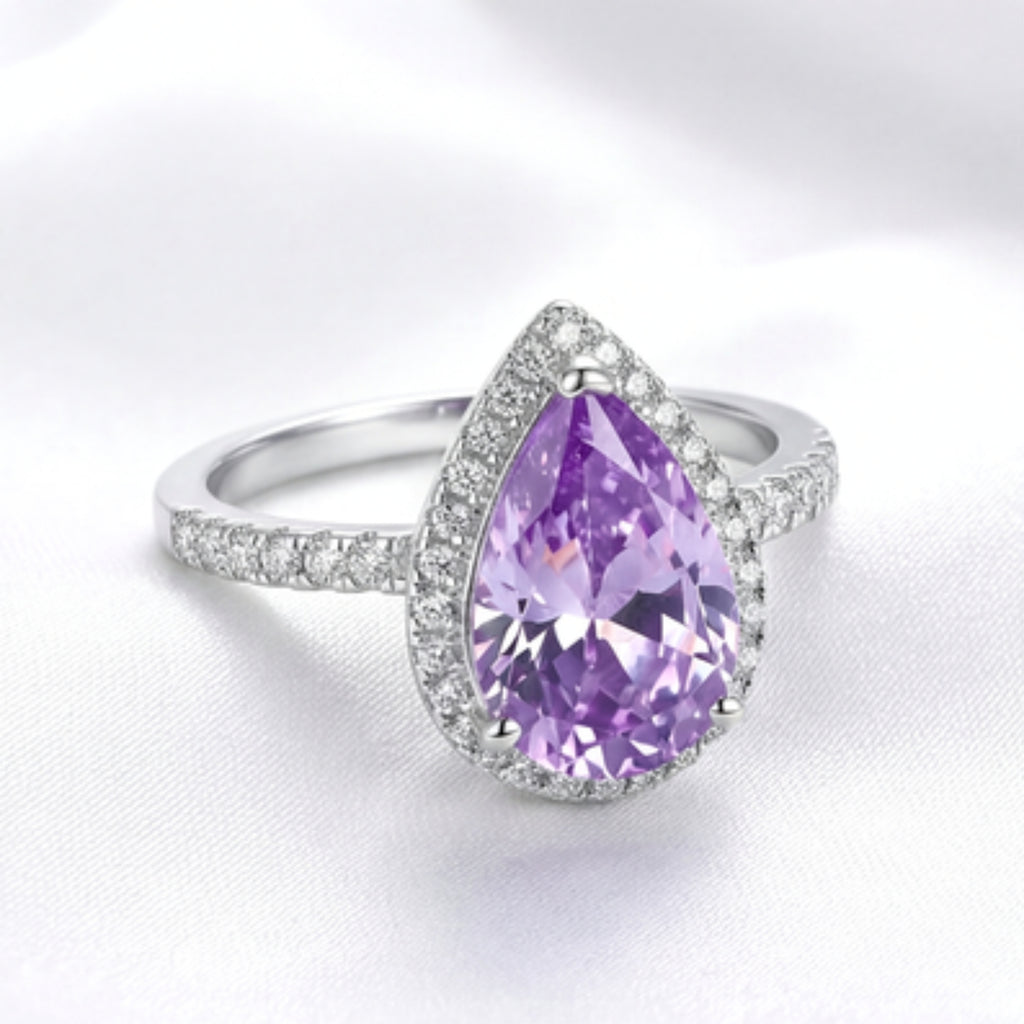 February Pear Cut Birthstone Halo Ring - Sterling Silver with Amethyst-Tone Zircon