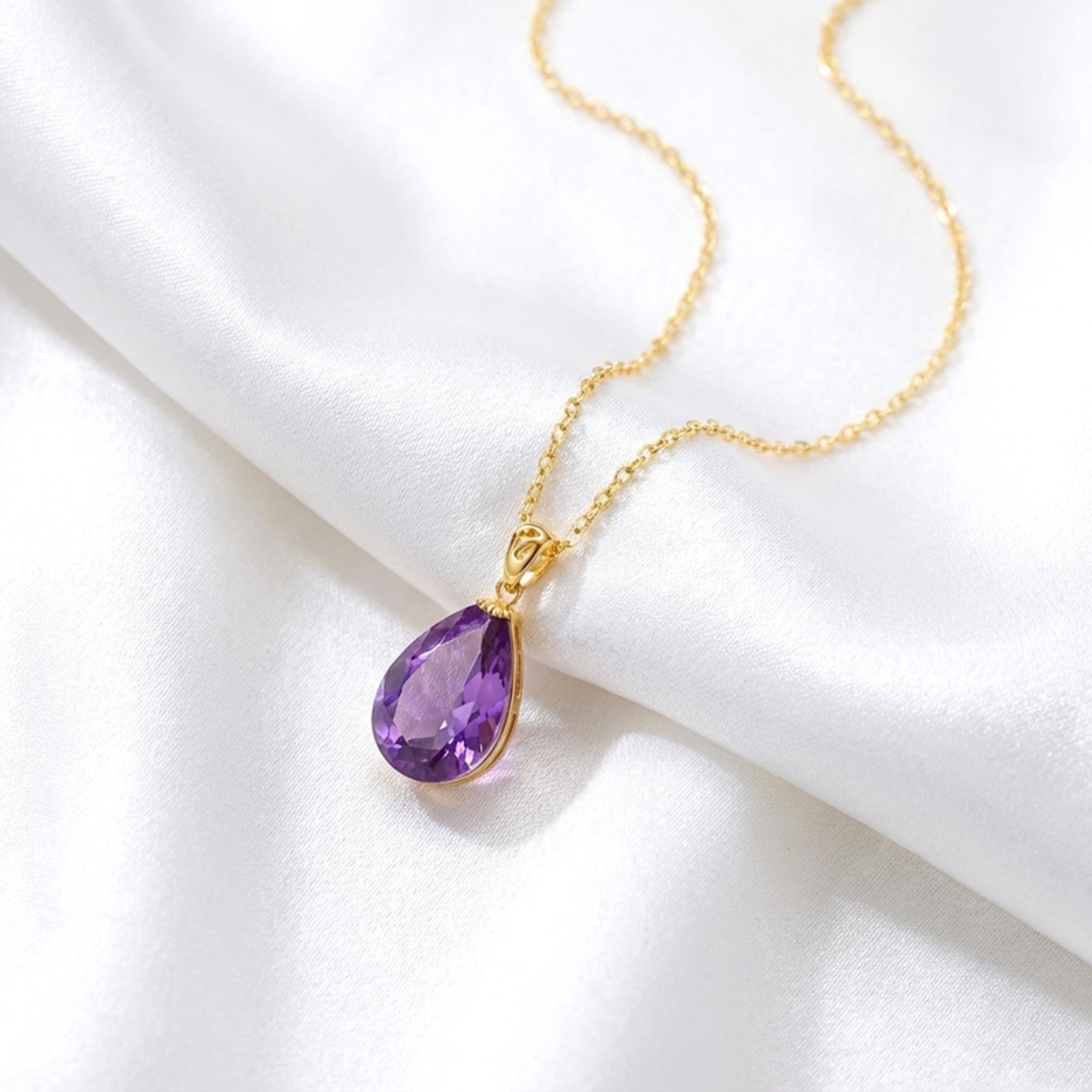 February Pear Cut Birthstone Pendant Necklace - Gold Plated Sterling Silver with Amethyst-Tone Zircon