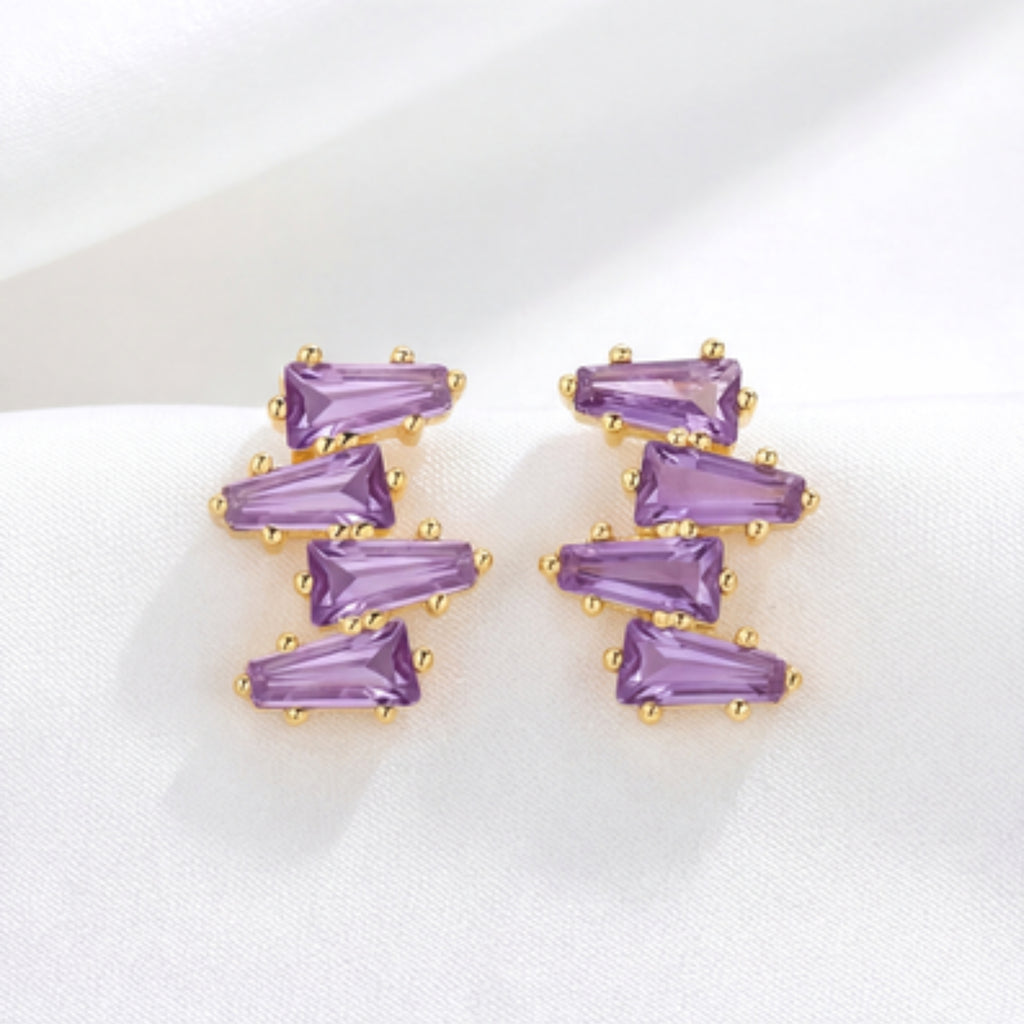 February Geometric Birthstone Stud Earrings - Gold Plated Sterling Silver with Amethyst-Tone Zircon