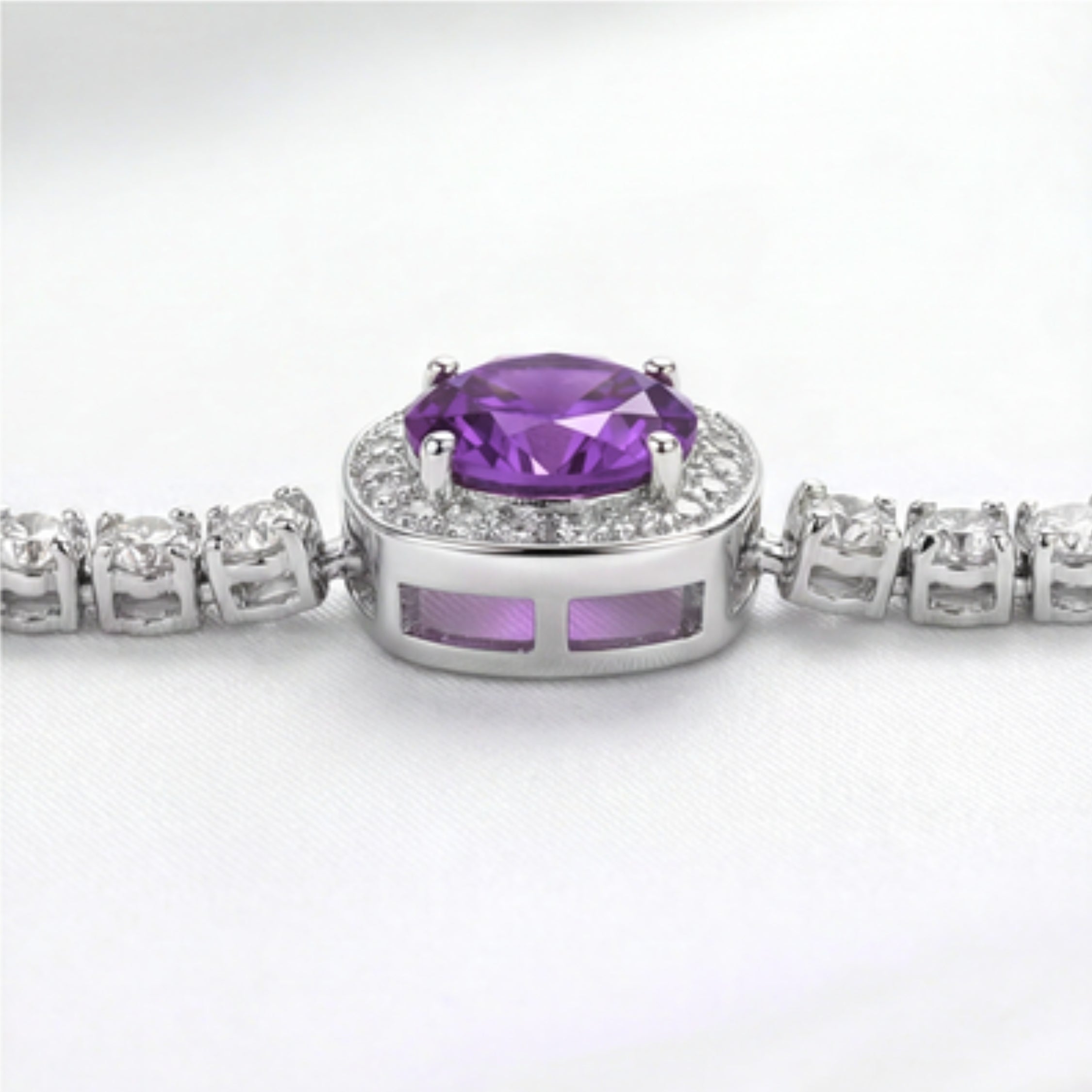 February Cushion Cut Birthstone Halo Bracelet - Sterling Silver with Amethyst-Tone Zircon