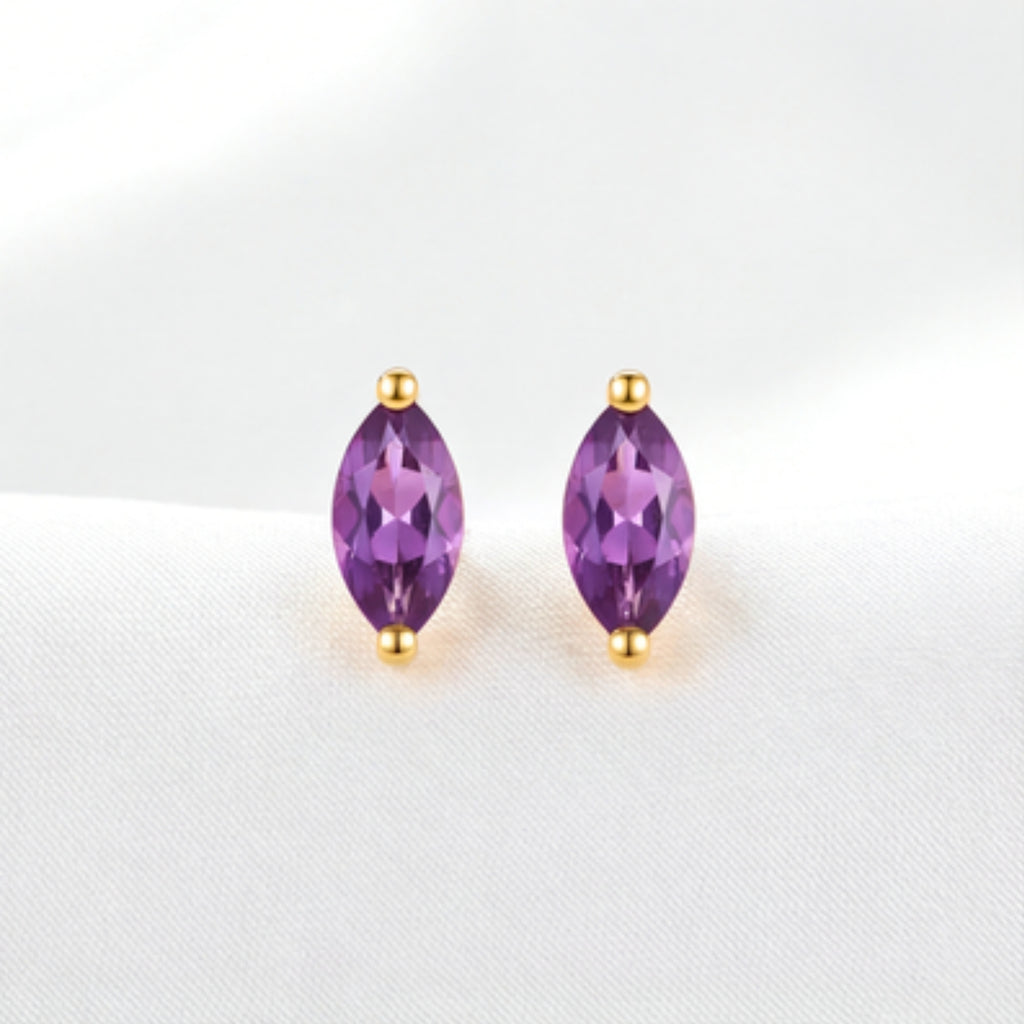 February Marquise Cut Birthstone Stud Earrings - Gold Plated Sterling Silver with Amethyst-Tone Zircon