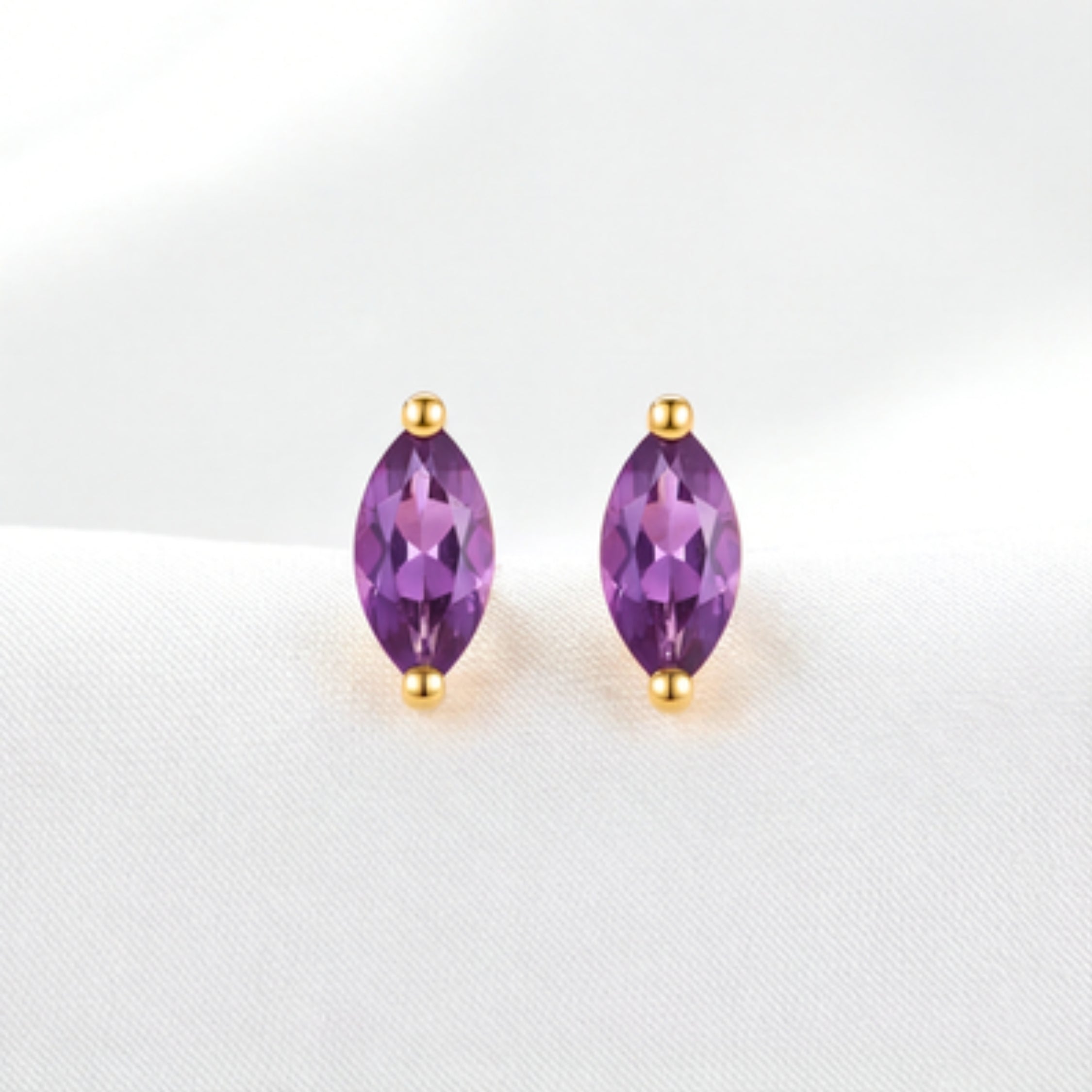 February Marquise Cut Birthstone Stud Earrings - Gold Plated Sterling Silver with Amethyst-Tone Zircon