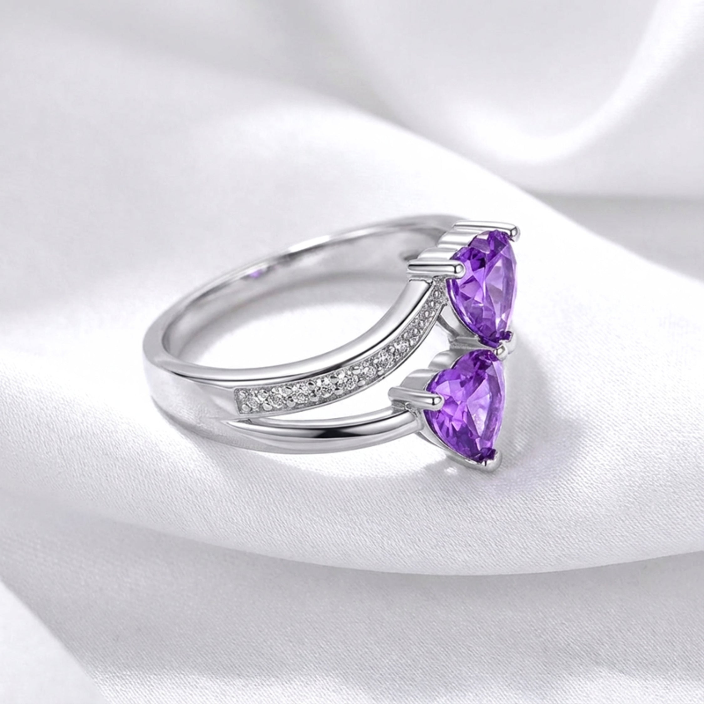 February Double Heart Birthstone Ring - Sterling Silver with Amethyst-Tone Zircon