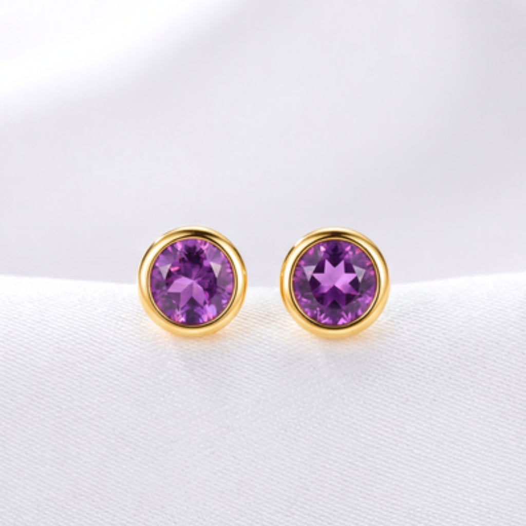 February Round Birthstone Bezel Stud Earrings - Gold Plated Sterling Silver with Amethyst-Tone Zircon
