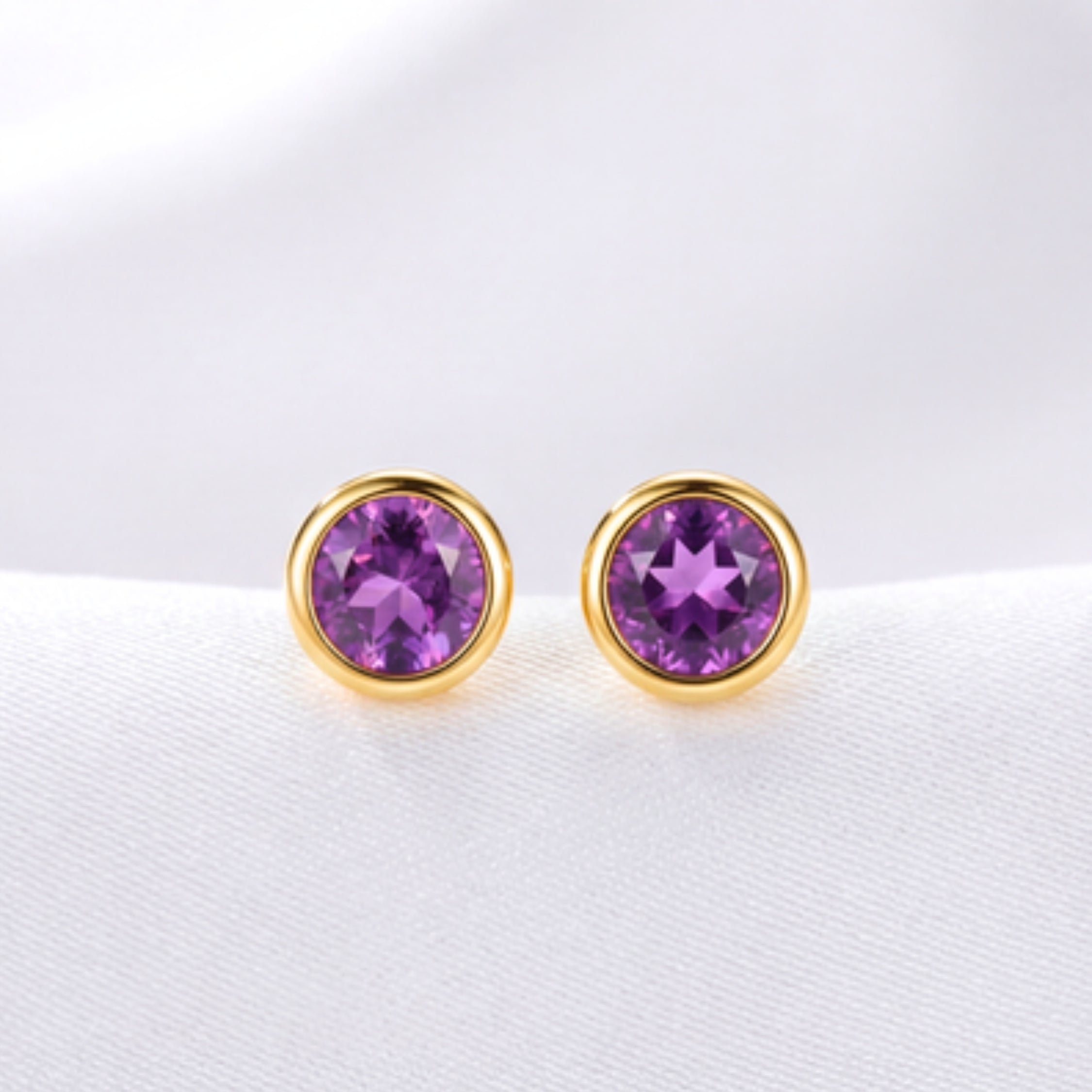 February Round Birthstone Bezel Stud Earrings - Gold Plated Sterling Silver with Amethyst-Tone Zircon