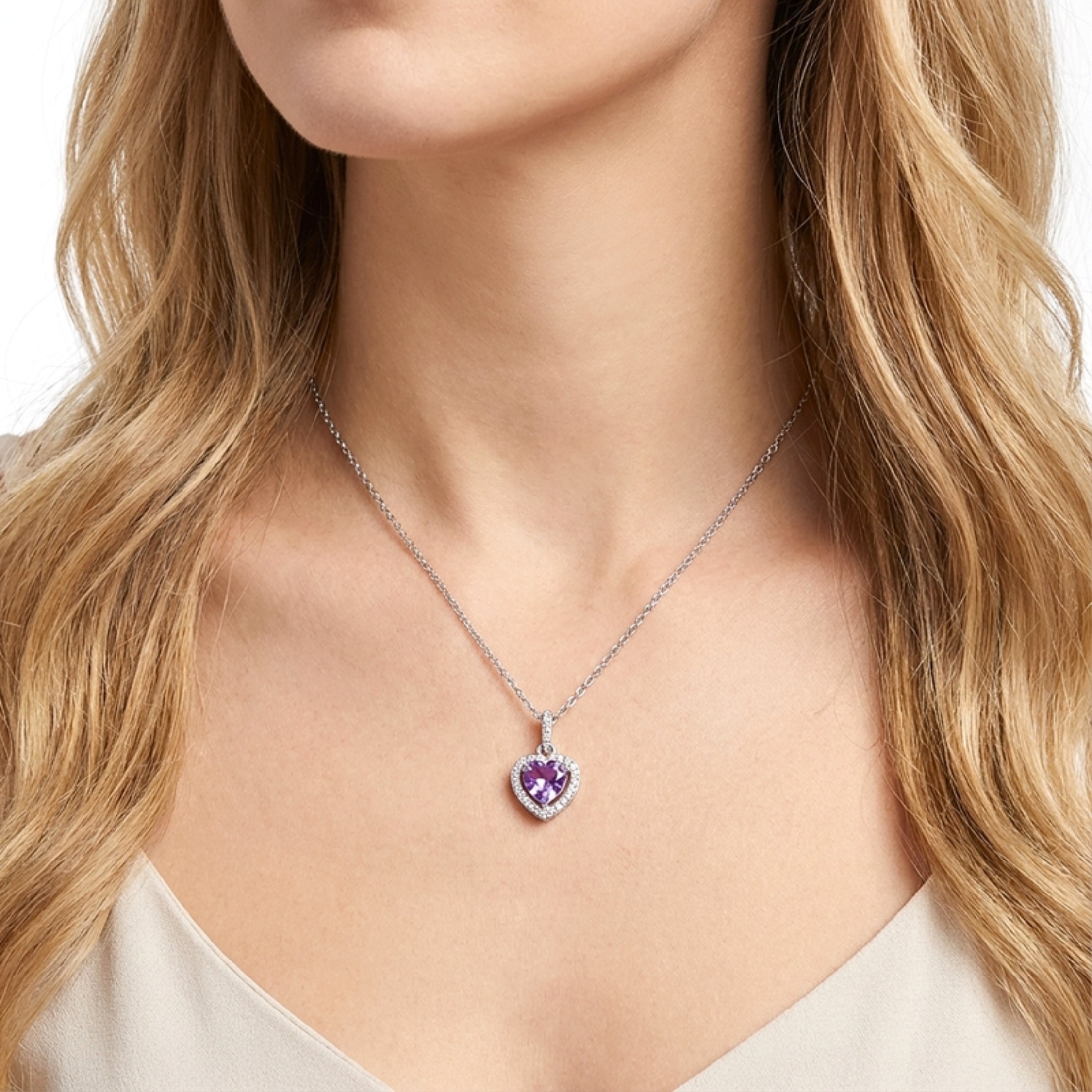 February Heart Cut Birthstone Halo Pendant Necklace - Sterling Silver with Amethyst-Tone Zircon