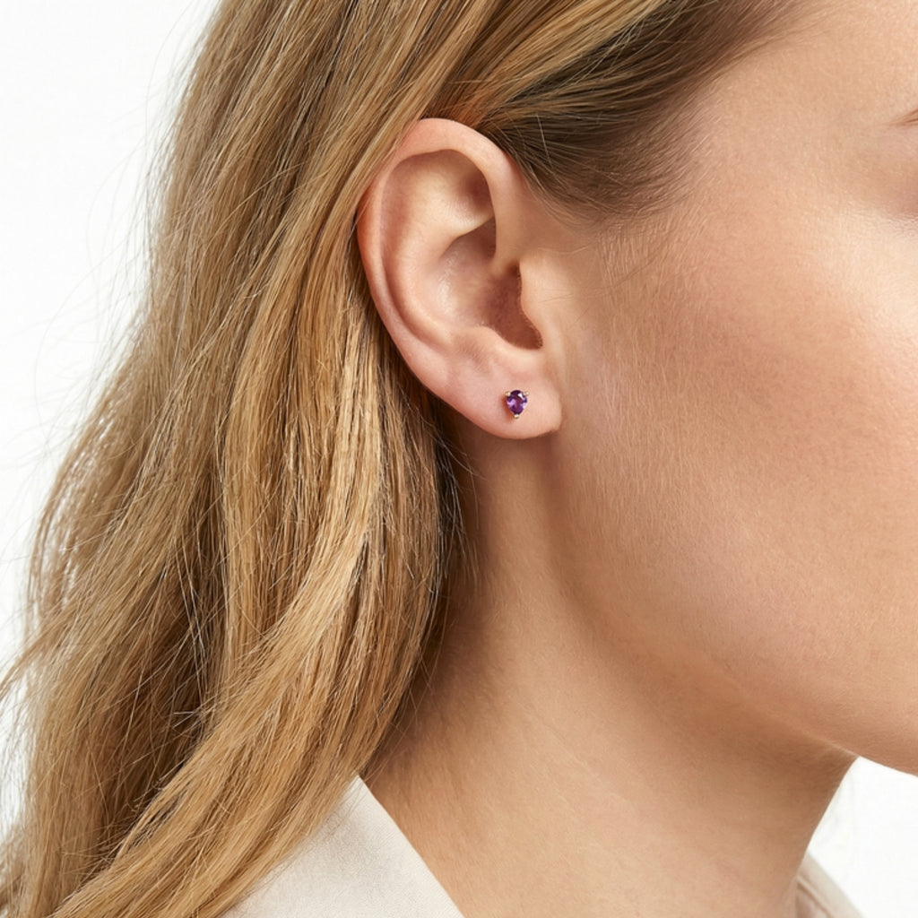 February Pear Cut Birthstone Stud Earrings - Gold Plated Sterling Silver with Amethyst-Tone Zircon