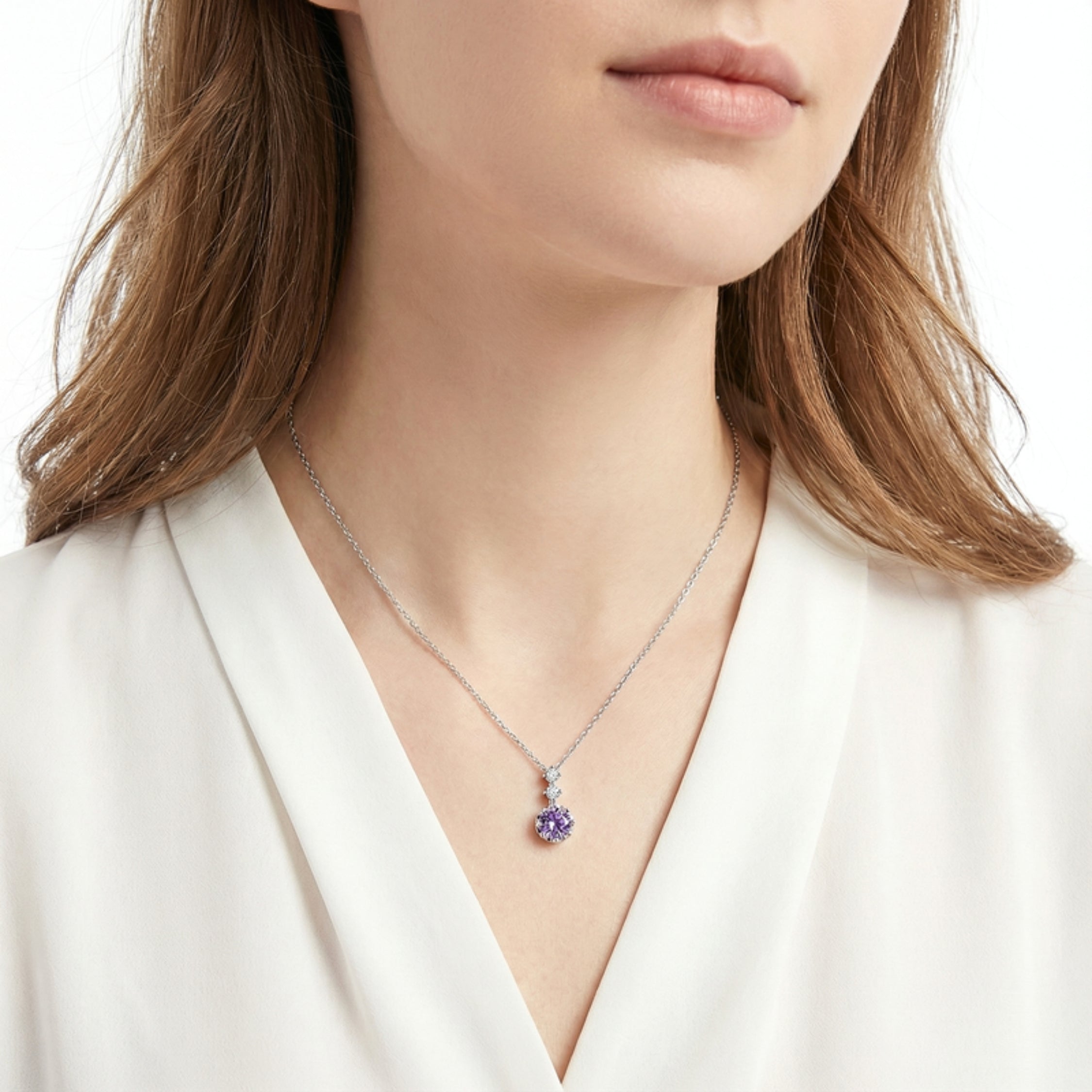 February Round Cut Birthstone Drop Pendant Necklace - Sterling Silver with Amethyst-Tone Zircon