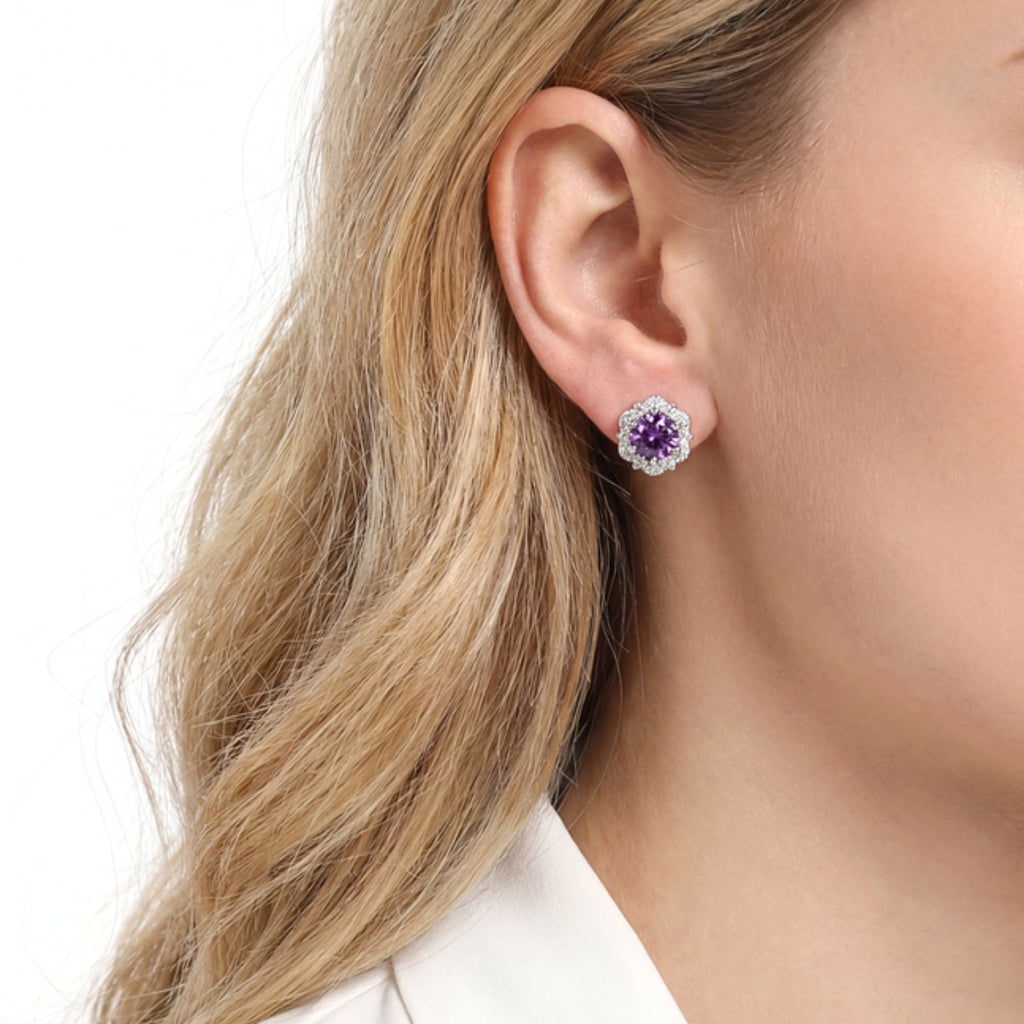February Birthstone Floral Halo Stud Earrings - Sterling Silver with Amethyst-Tone Zircon