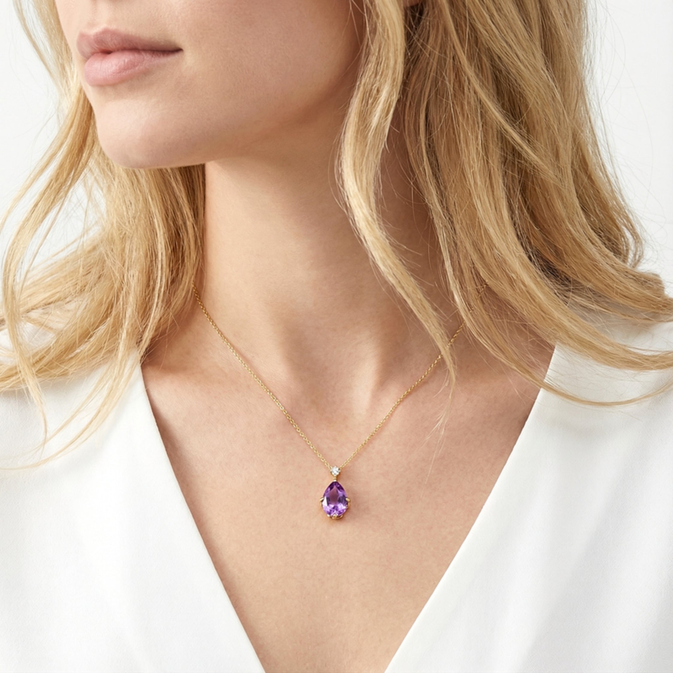 February Pear Cut Birthstone Pendant Necklace - Gold Plated Sterling Silver with Amethyst-Tone Zircon