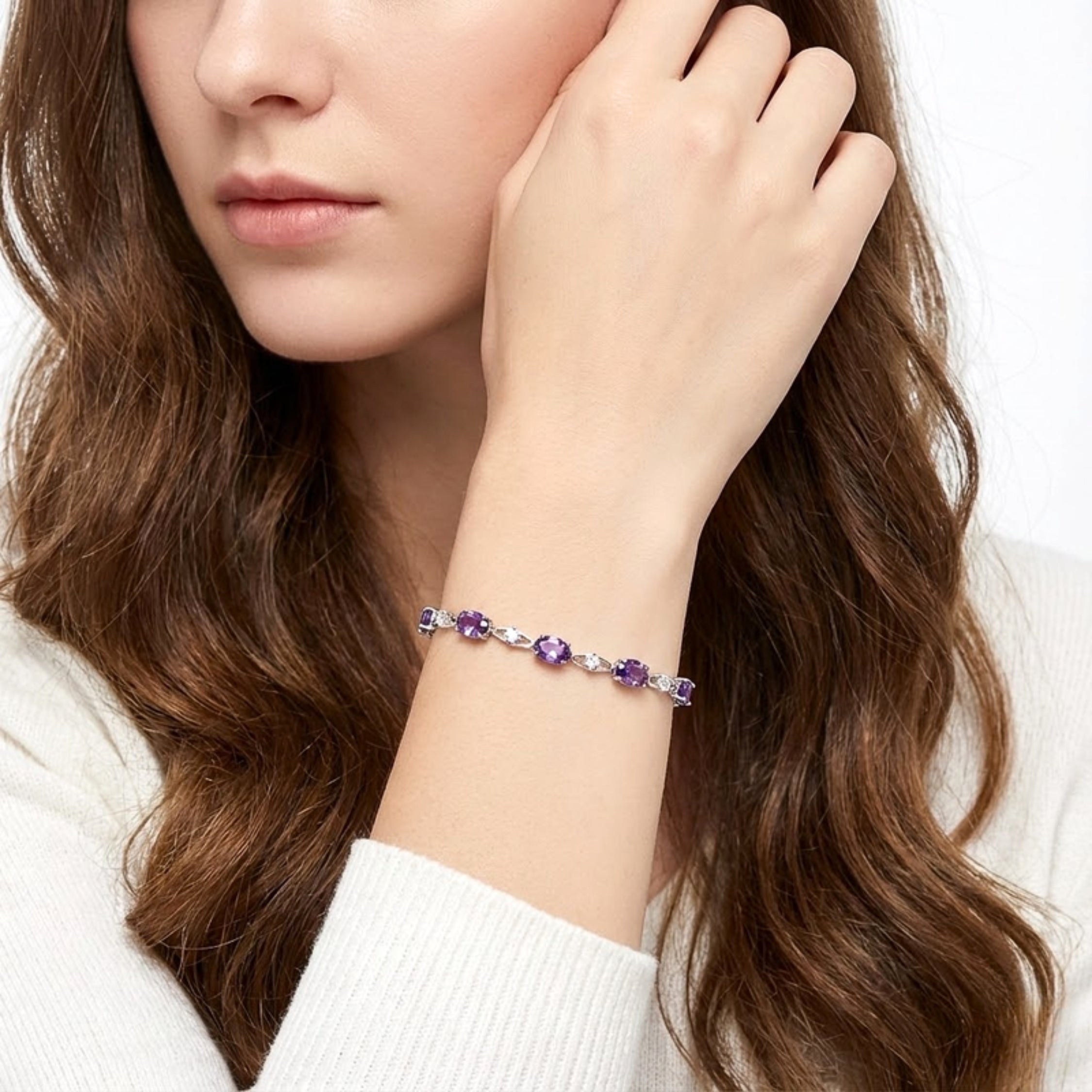 February Oval Cut Birthstone Infinity Link Bracelet - Sterling Silver with Amethyst-Tone Zircon
