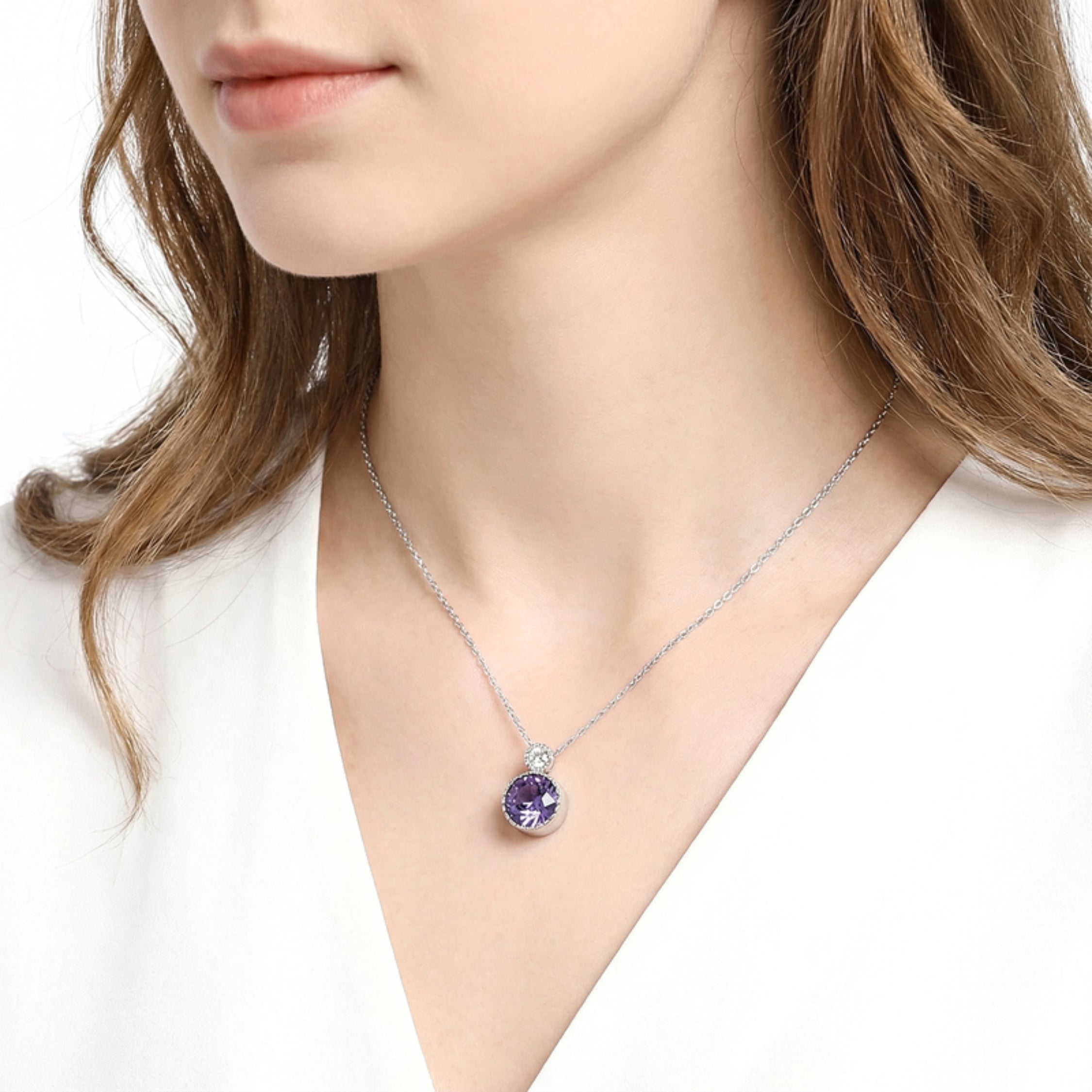 February Round Cut Birthstone Pendant Necklace - Sterling Silver with Amethyst-Tone Zircon