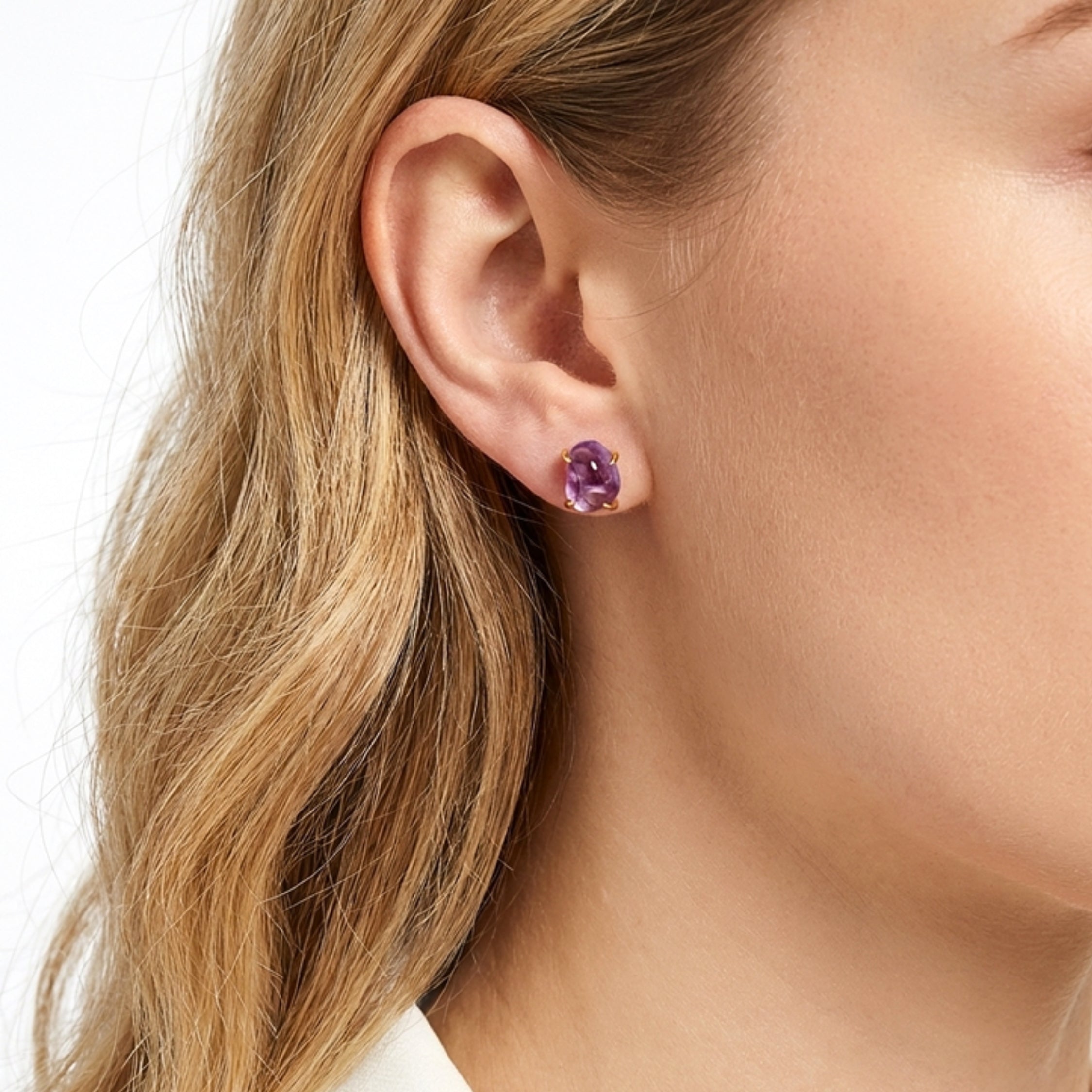 February Birthstone Stud Earrings - Gold Plated Sterling Silver with Amethyst-Tone Zircon