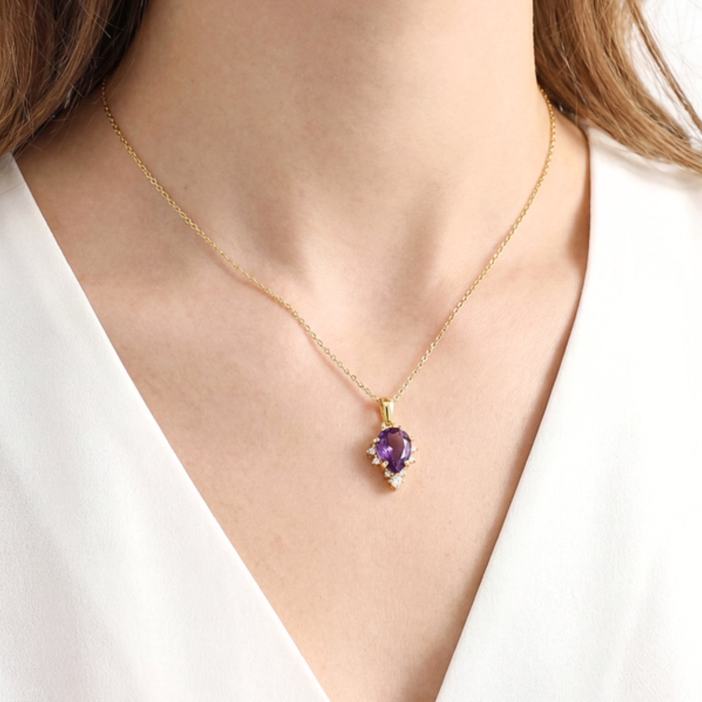 February Pear Cut Birthstone Pendant Necklace - Gold Plated Sterling Silver with Amethyst-Tone Zircon
