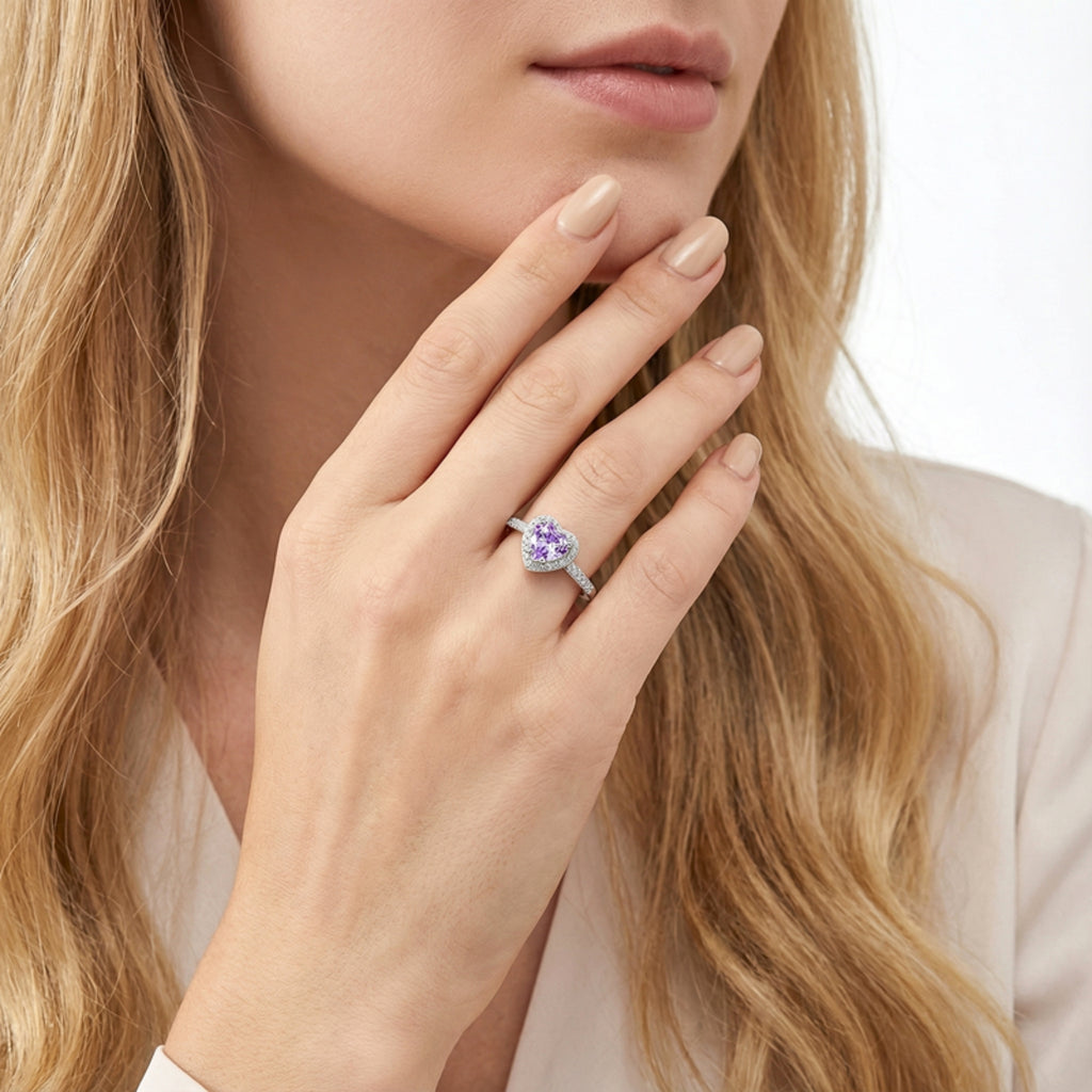 February Heart Cut Birthstone Halo Ring - Sterling Silver with Amethyst-Tone Zircon