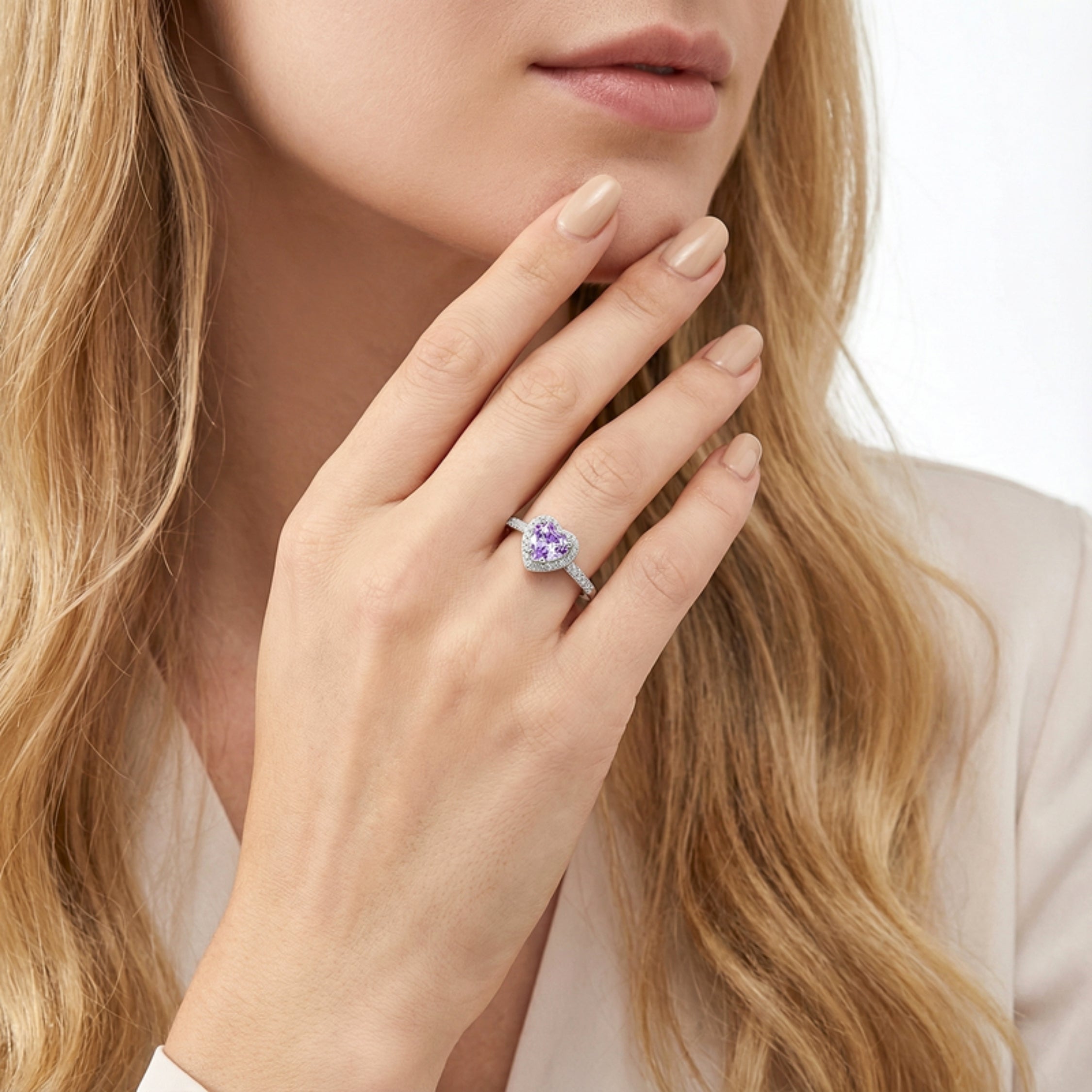 February Heart Cut Birthstone Halo Ring - Sterling Silver with Amethyst-Tone Zircon