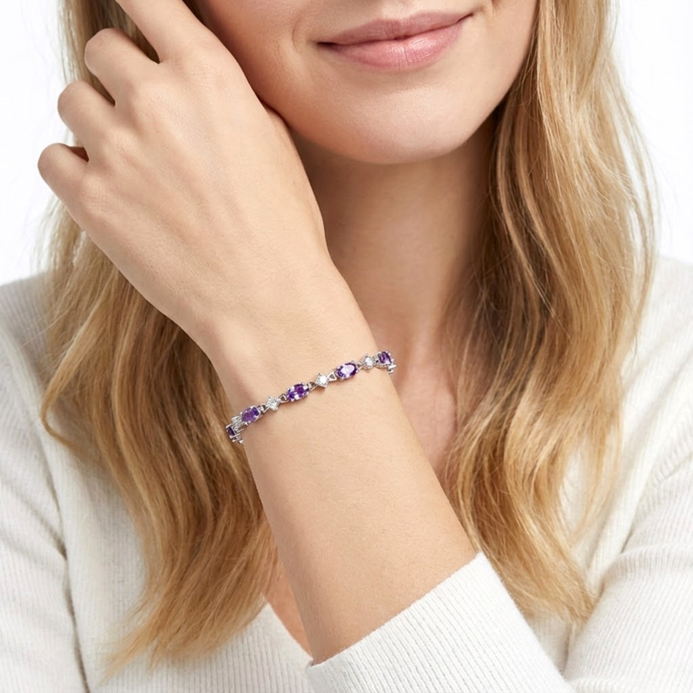 February Oval Cut Birthstone Star Link Bracelet - Sterling Silver with Amethyst-Tone Zircon