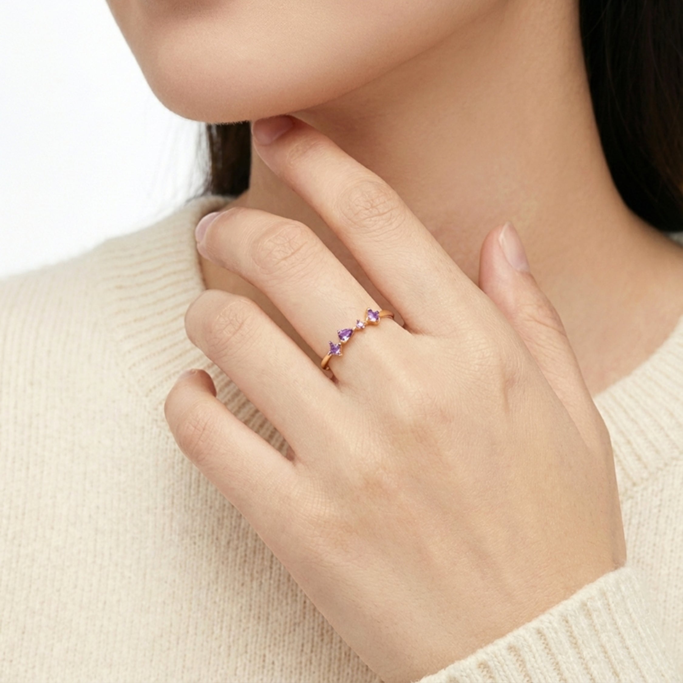 February Birthstone Cluster Ring - Gold Plated Sterling Silver with Amethyst-Tone Zircon