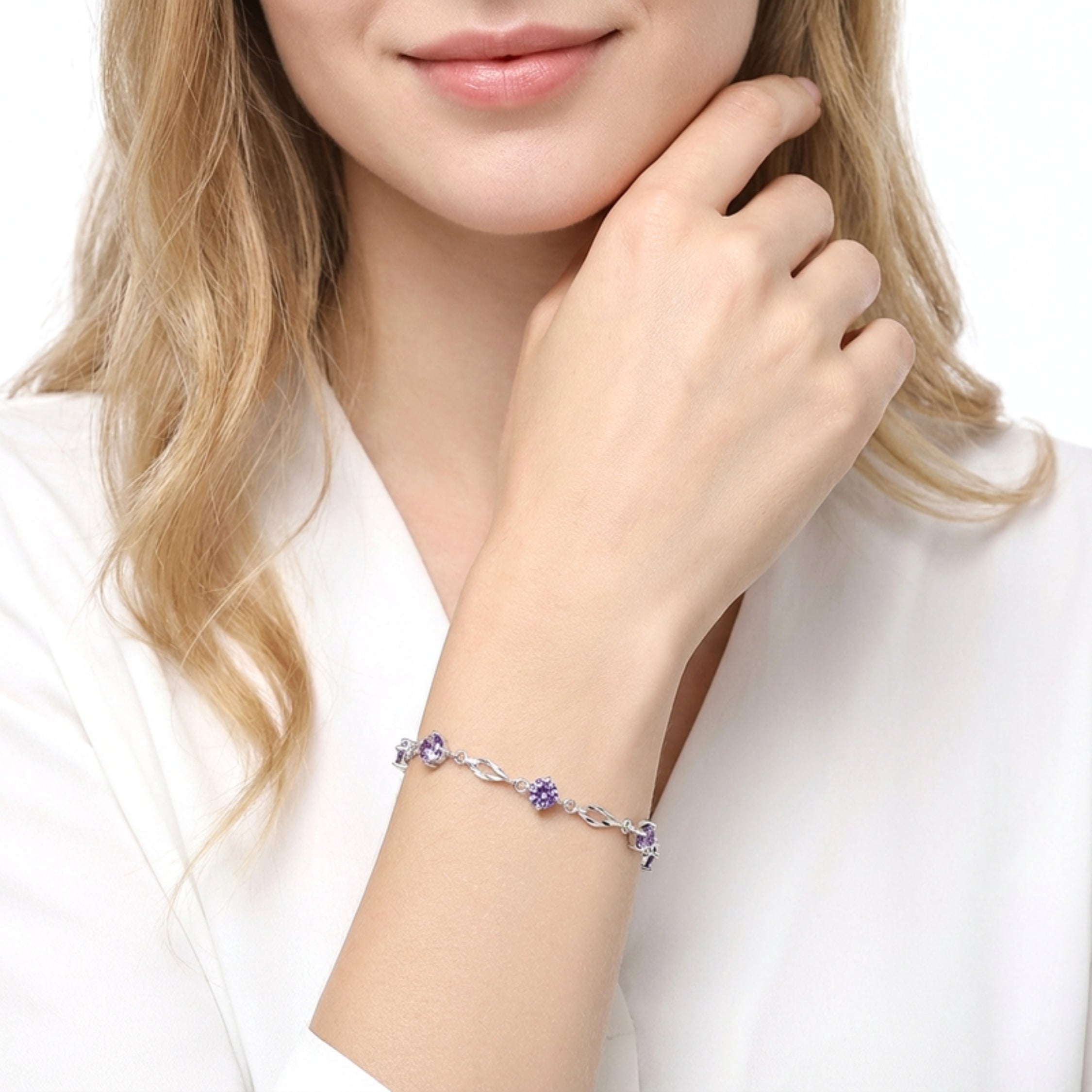 February Round Cut Birthstone Station Bracelet - Sterling Silver with Amethyst-Tone Zircon