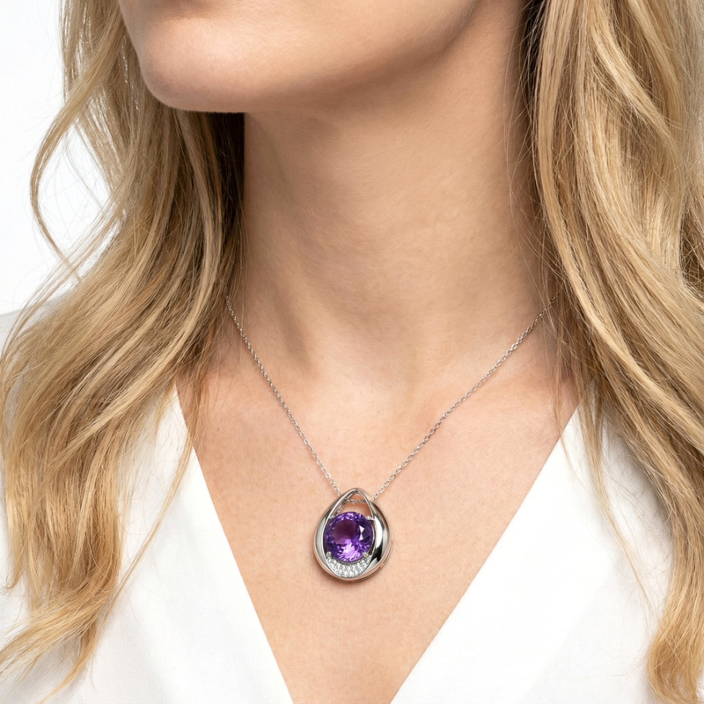 February Round Cut Birthstone Teardrop Pendant Necklace - Sterling Silver with Amethyst-Tone Zircon