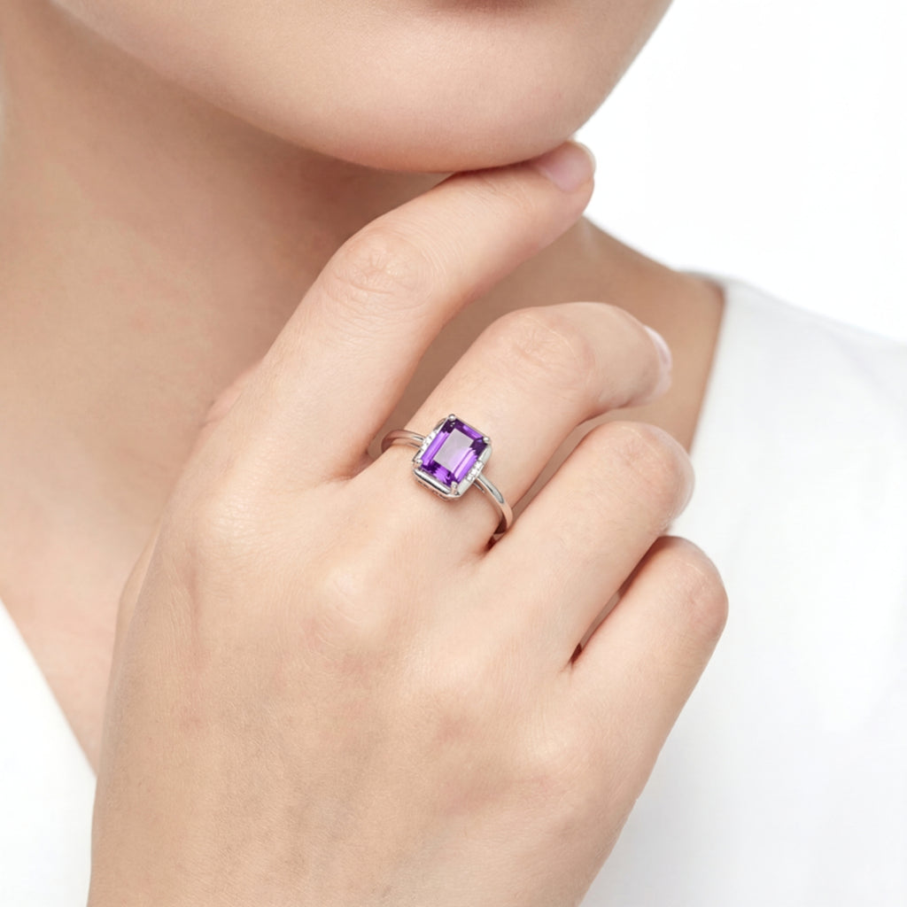 February Emerald Cut Birthstone Adjustable Ring - Sterling Silver with Amethyst-Tone Zircon