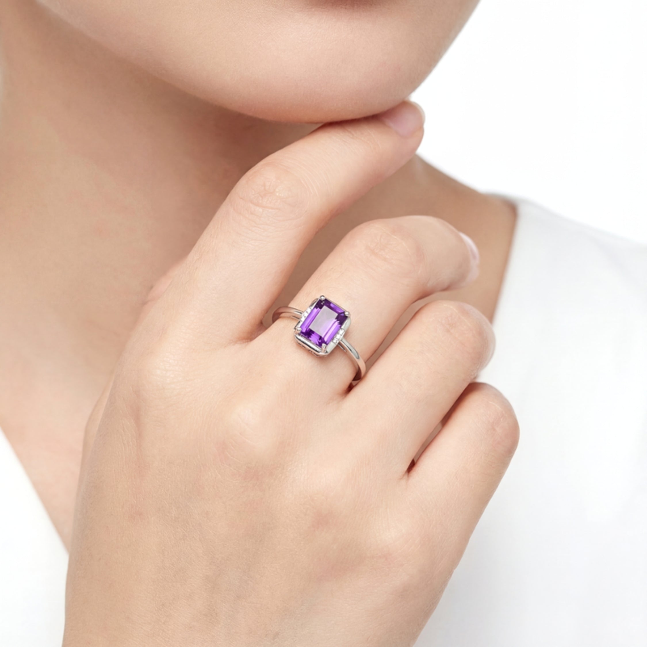 February Emerald Cut Birthstone Adjustable Ring - Sterling Silver with Amethyst-Tone Zircon