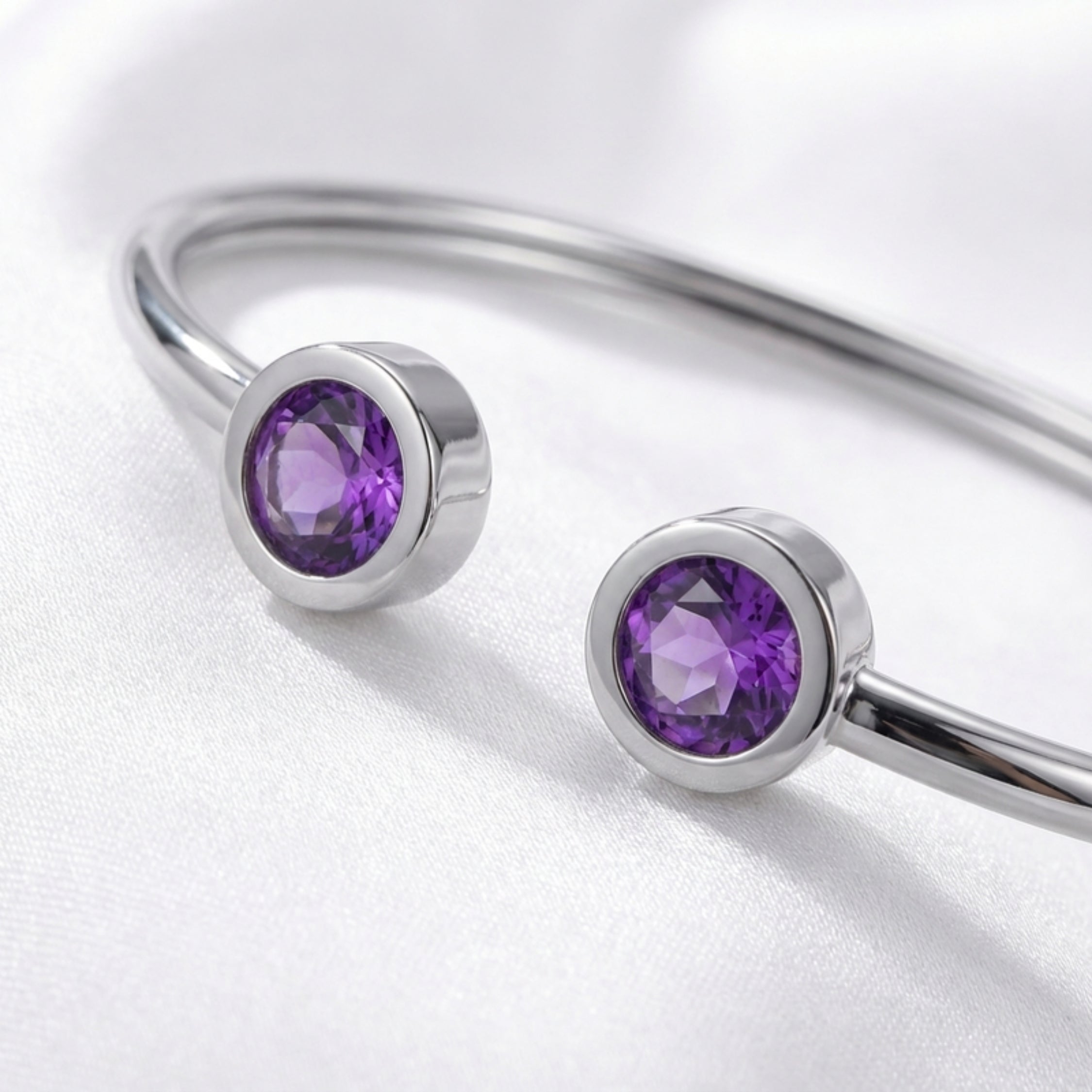 February Birthstone Open Cuff Bangle Bracelet - Gold PVD Stainless Steel with Amethyst-Tone Zircon