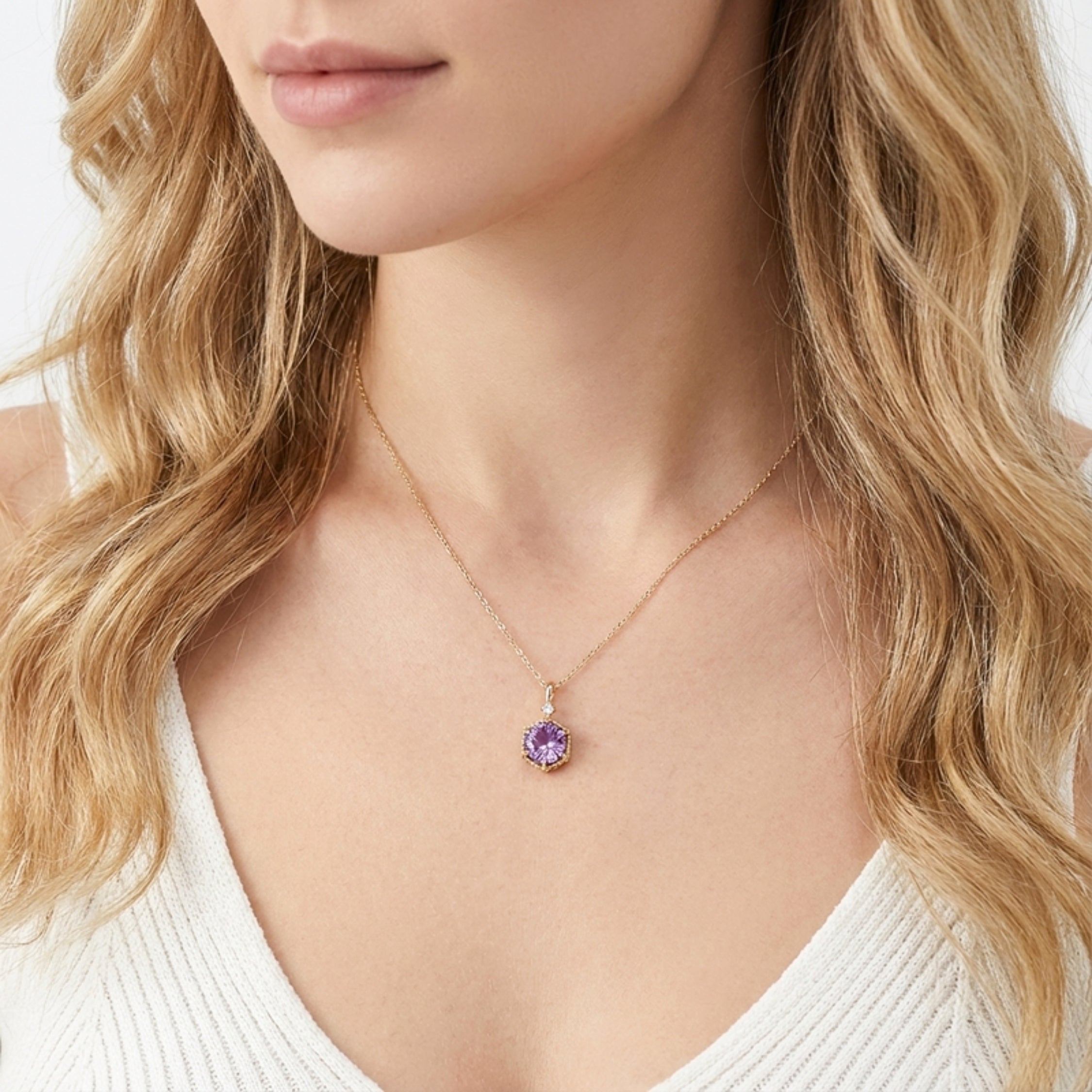February Hexagon Birthstone Pendant Necklace - Gold Plated Sterling Silver with Amethyst-Tone Zircon