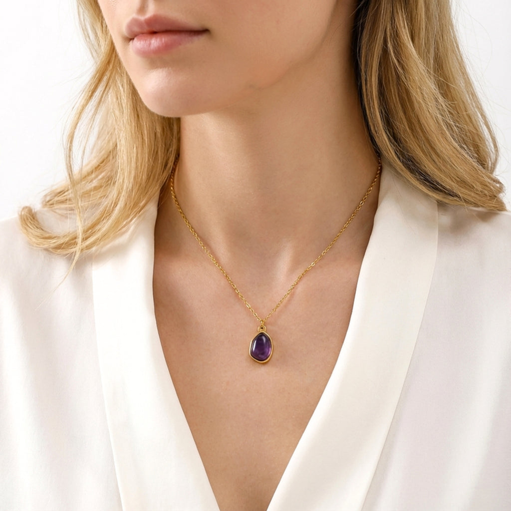 Organic Birthstone Pendant Necklace - Gold PVD Stainless Steel with Zircon