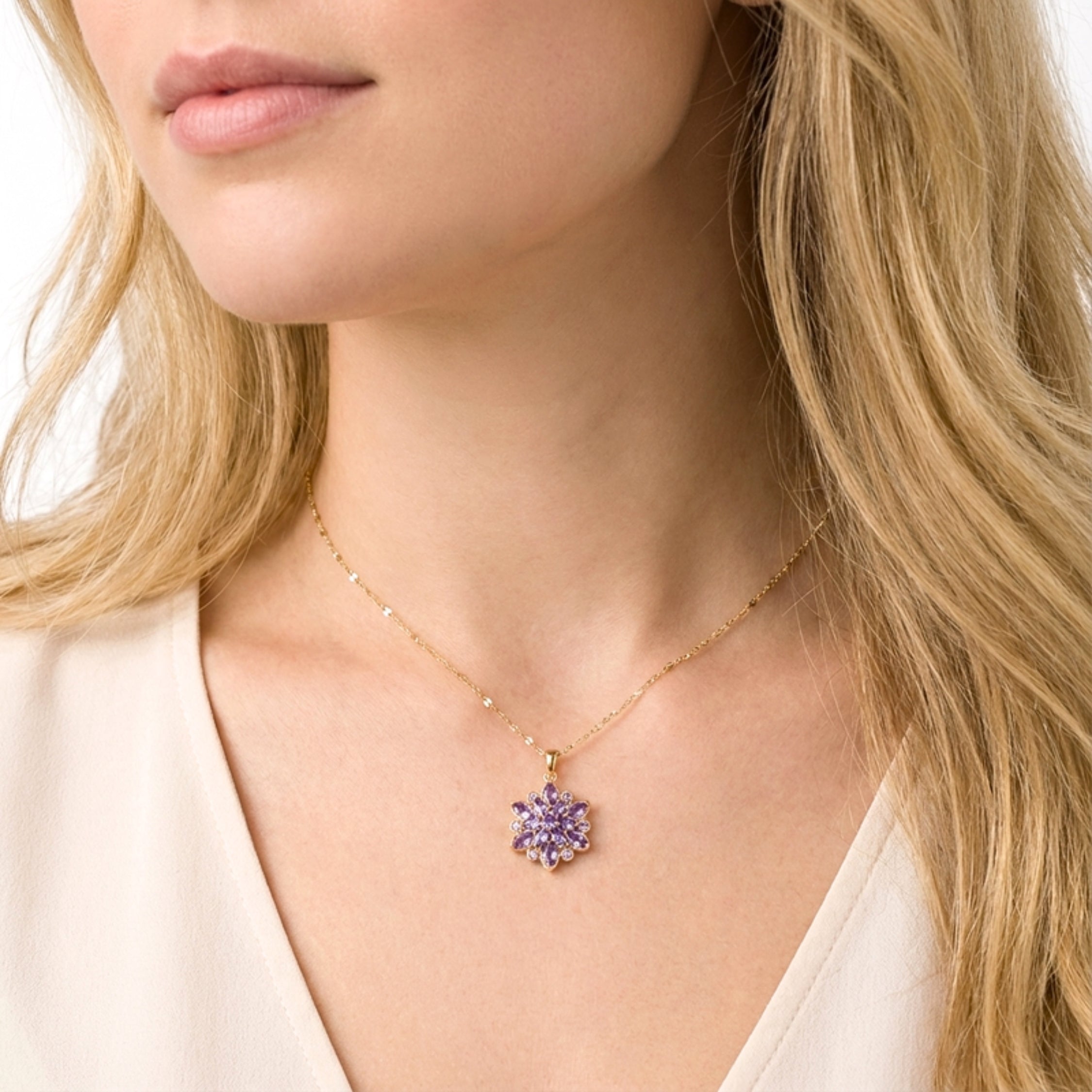 February Marquise Cut Birthstone Flower Pendant Necklace - Gold PVD Stainless Steel with Amethyst-Tone Zircon