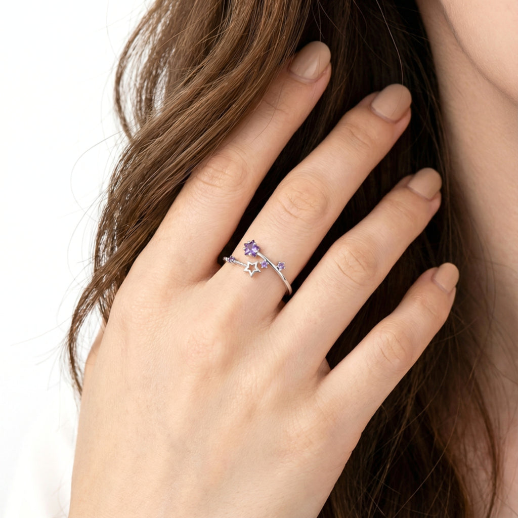 February Star Cut Birthstone Adjustable Ring - Sterling Silver with Amethyst-Tone Zircon