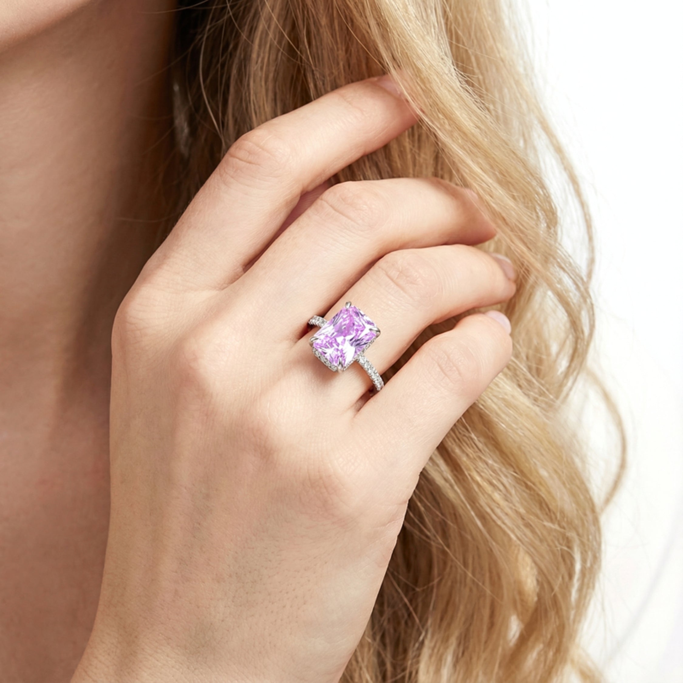 February Radiant Cut Birthstone Pavé Ring - Sterling Silver with Amethyst-Tone Zircon