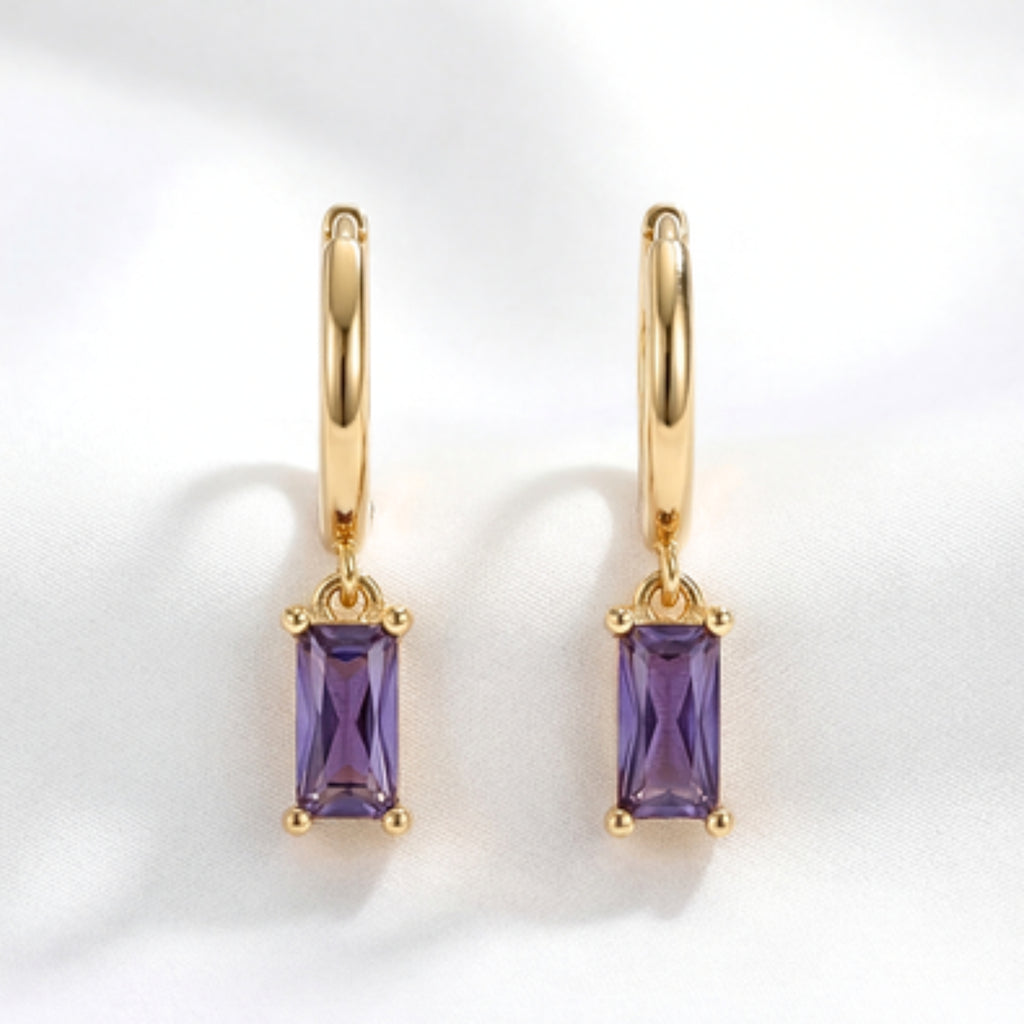 February Emerald Cut Birthstone Huggie Drop Earrings - Sterling Silver with Amethyst-Tone Zircon