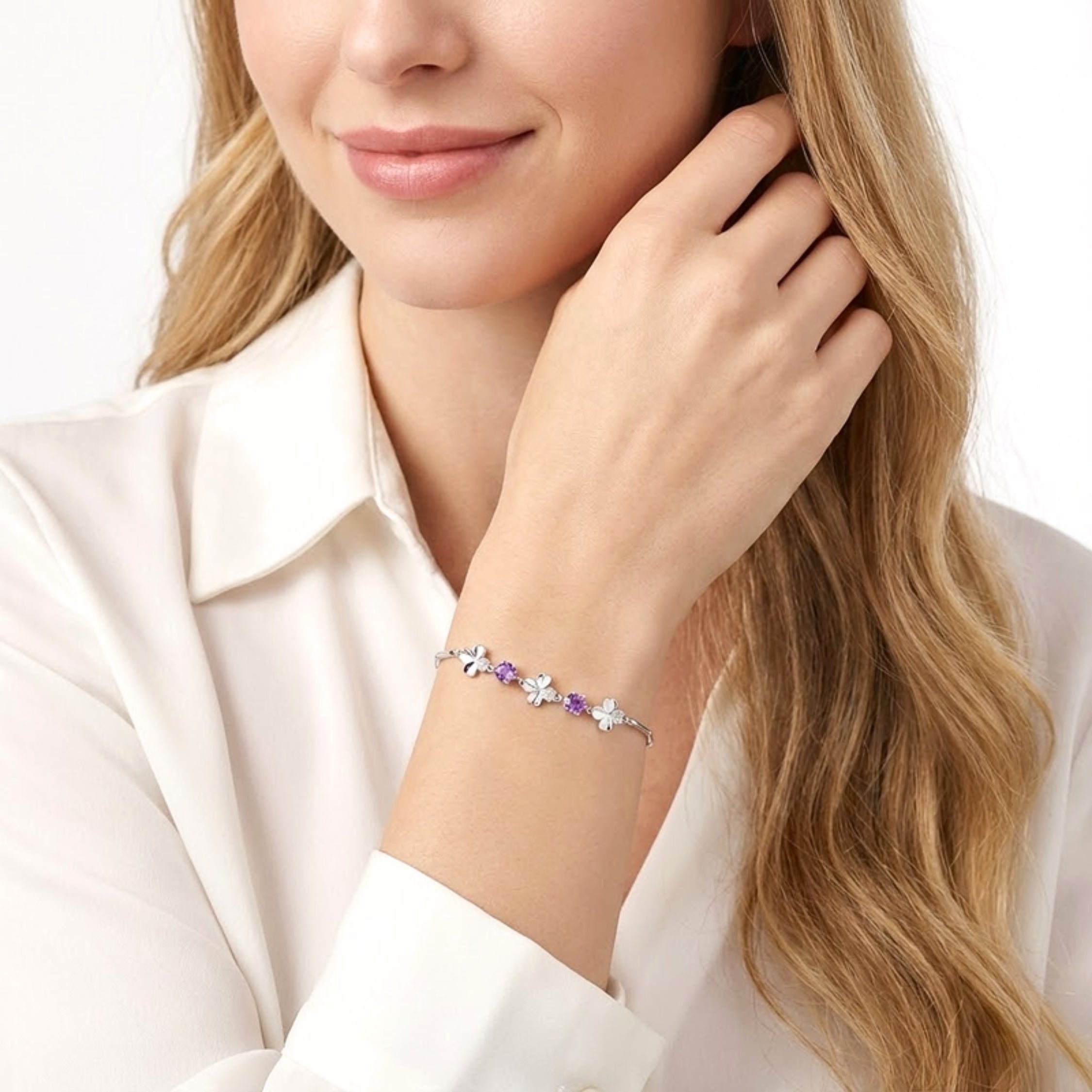 February Four-Leaf Clover Birthstone Bracelet - Sterling Silver with Amethyst-Tone Zircon