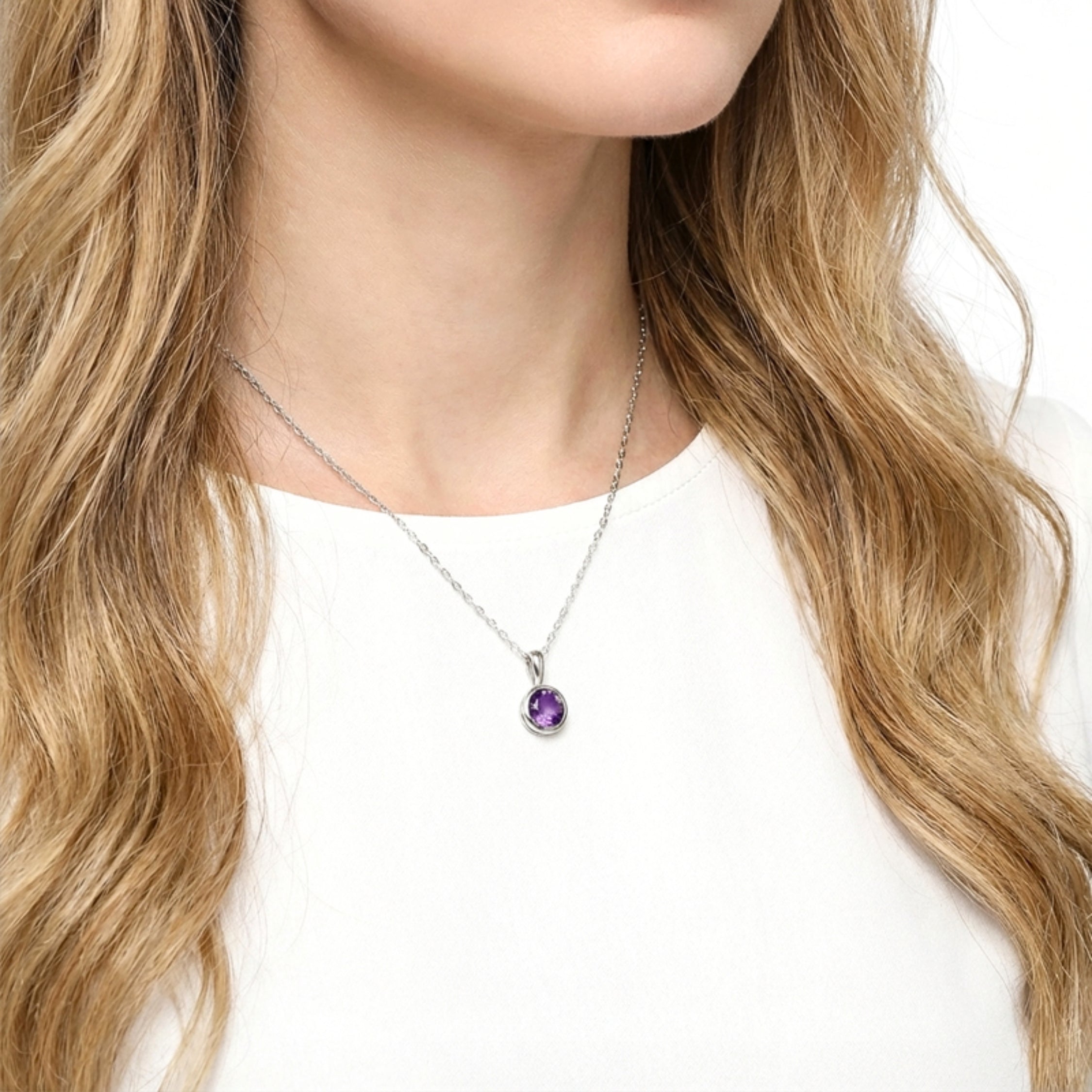 February Round Cut Birthstone Bezel Pendant Necklace - Sterling Silver with Amethyst-Tone Zircon