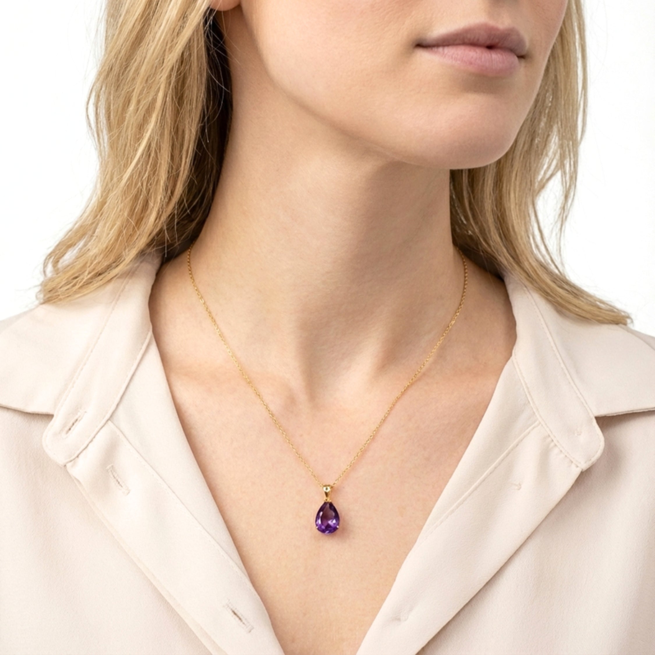 February Pear Cut Birthstone Pendant Necklace - Gold Plated Sterling Silver with Amethyst-Tone Zircon