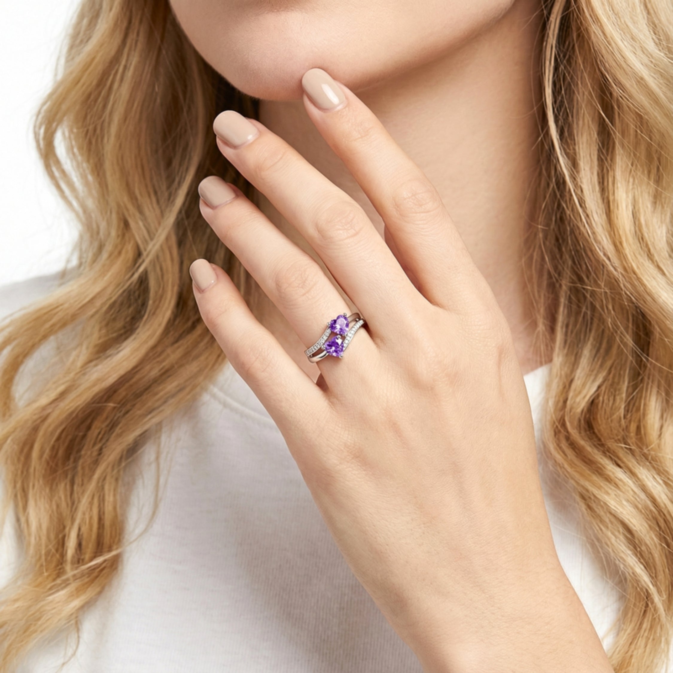 February Double Heart Birthstone Ring - Sterling Silver with Amethyst-Tone Zircon
