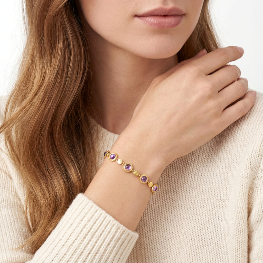February Round Amethyst-Tone Station Bracelet - Gold Plated Sterling Silver
