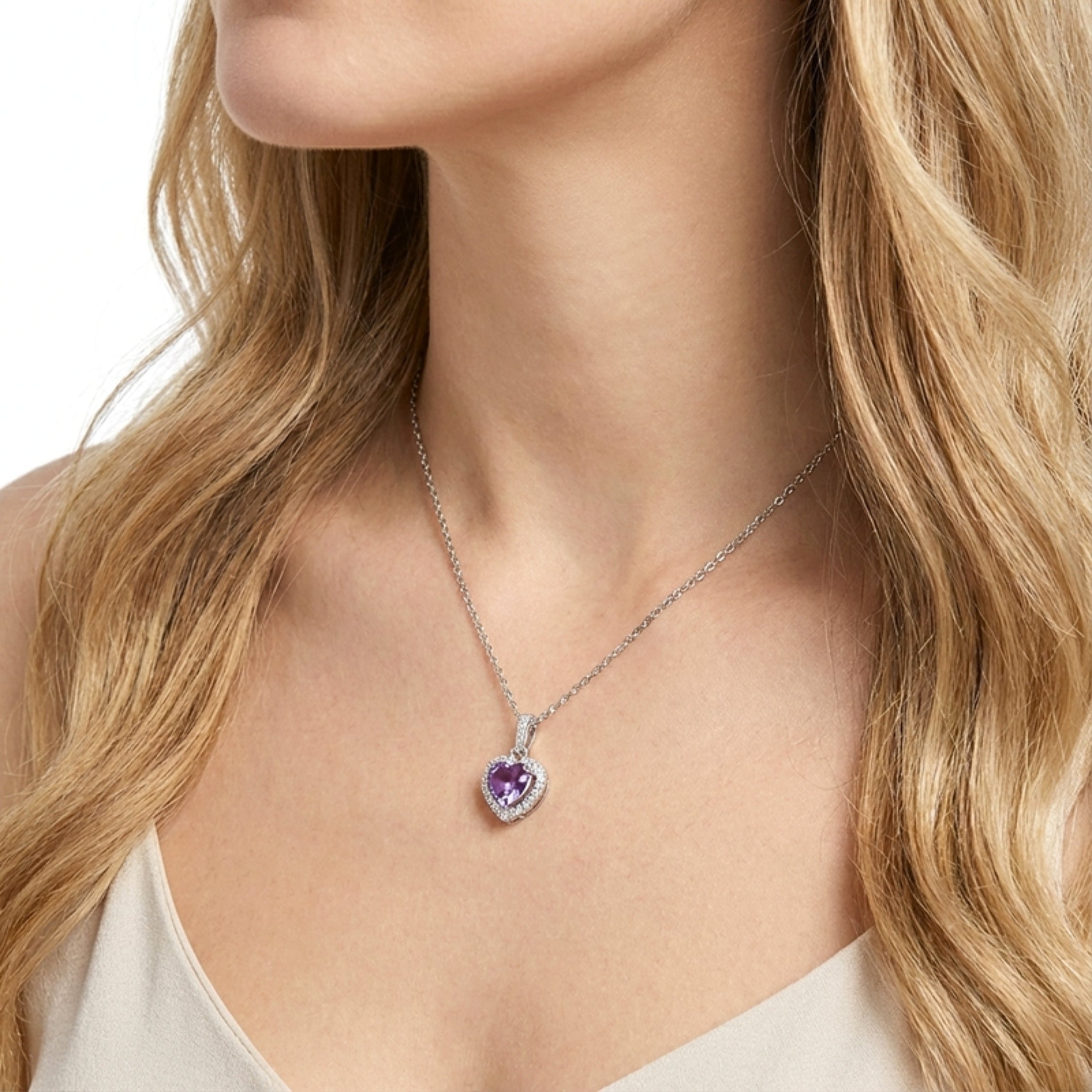 February Heart Cut Birthstone Halo Pendant Necklace - Sterling Silver with Amethyst-Tone Zircon