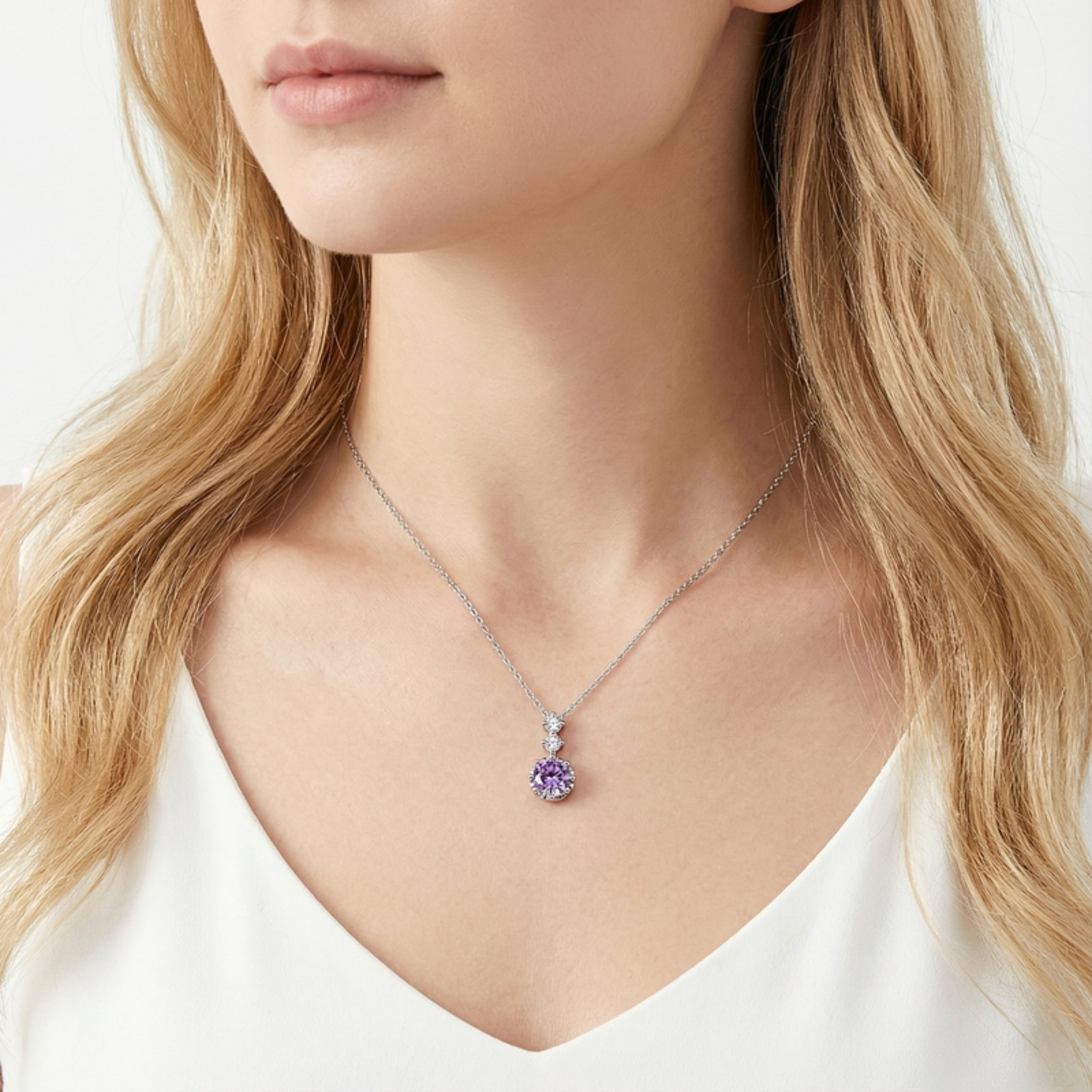 February Round Cut Birthstone Drop Pendant Necklace - Sterling Silver with Amethyst-Tone Zircon
