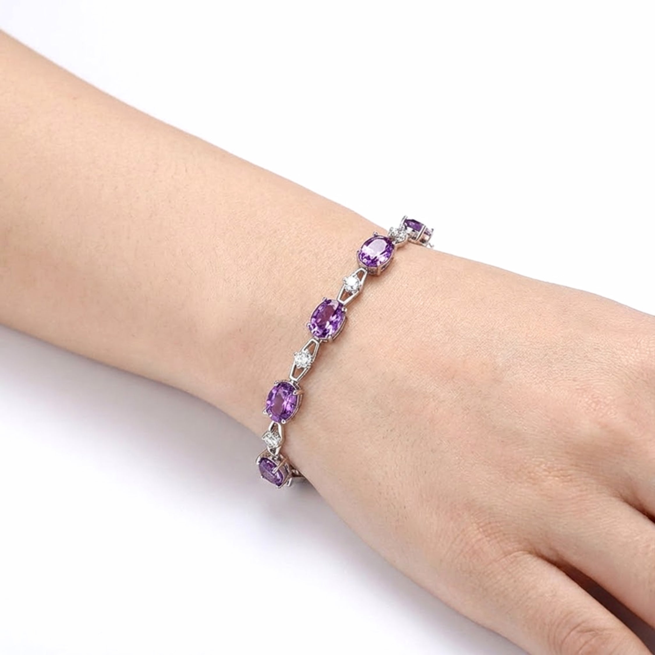 February Oval Cut Birthstone Infinity Link Bracelet - Sterling Silver with Amethyst-Tone Zircon