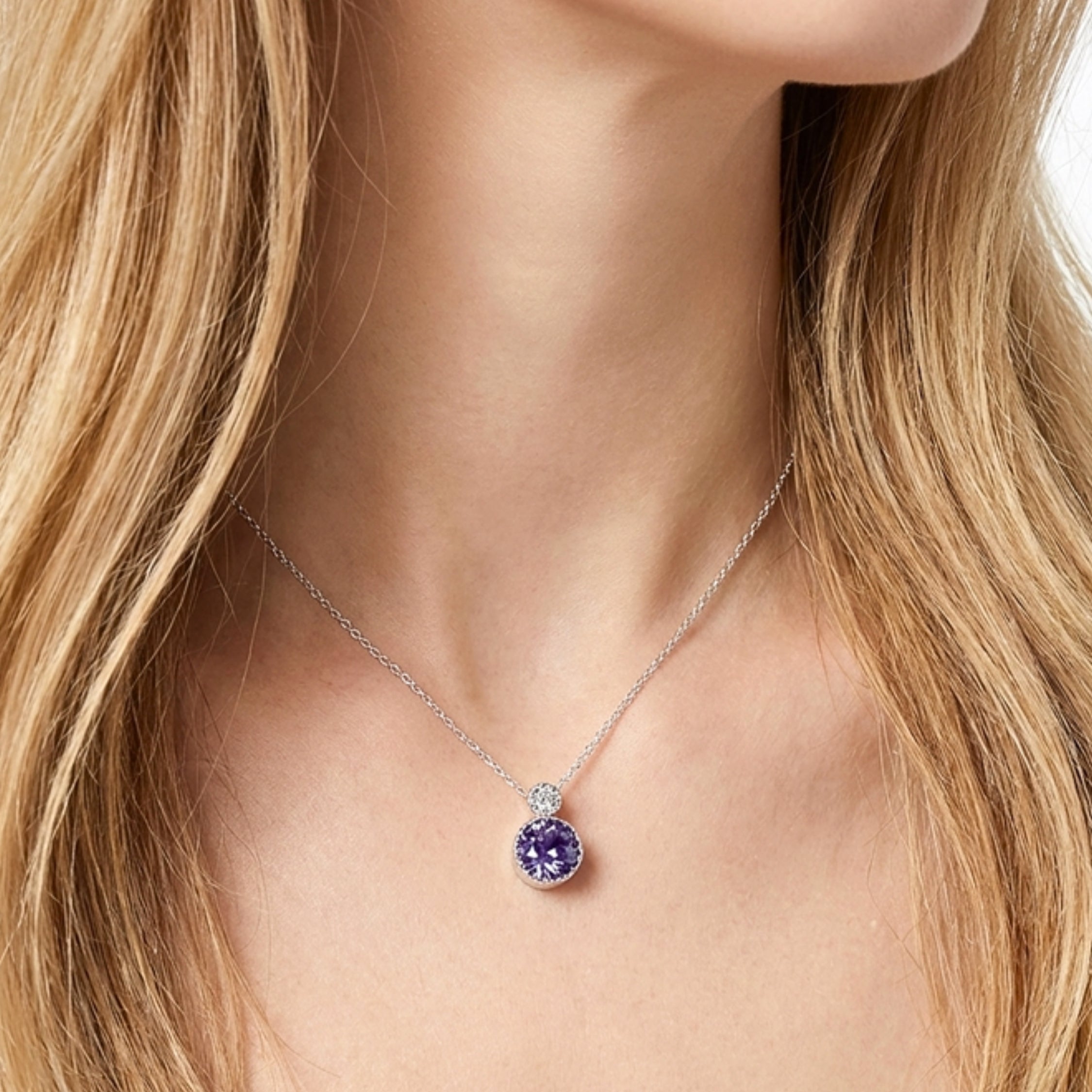 February Round Cut Birthstone Pendant Necklace - Sterling Silver with Amethyst-Tone Zircon