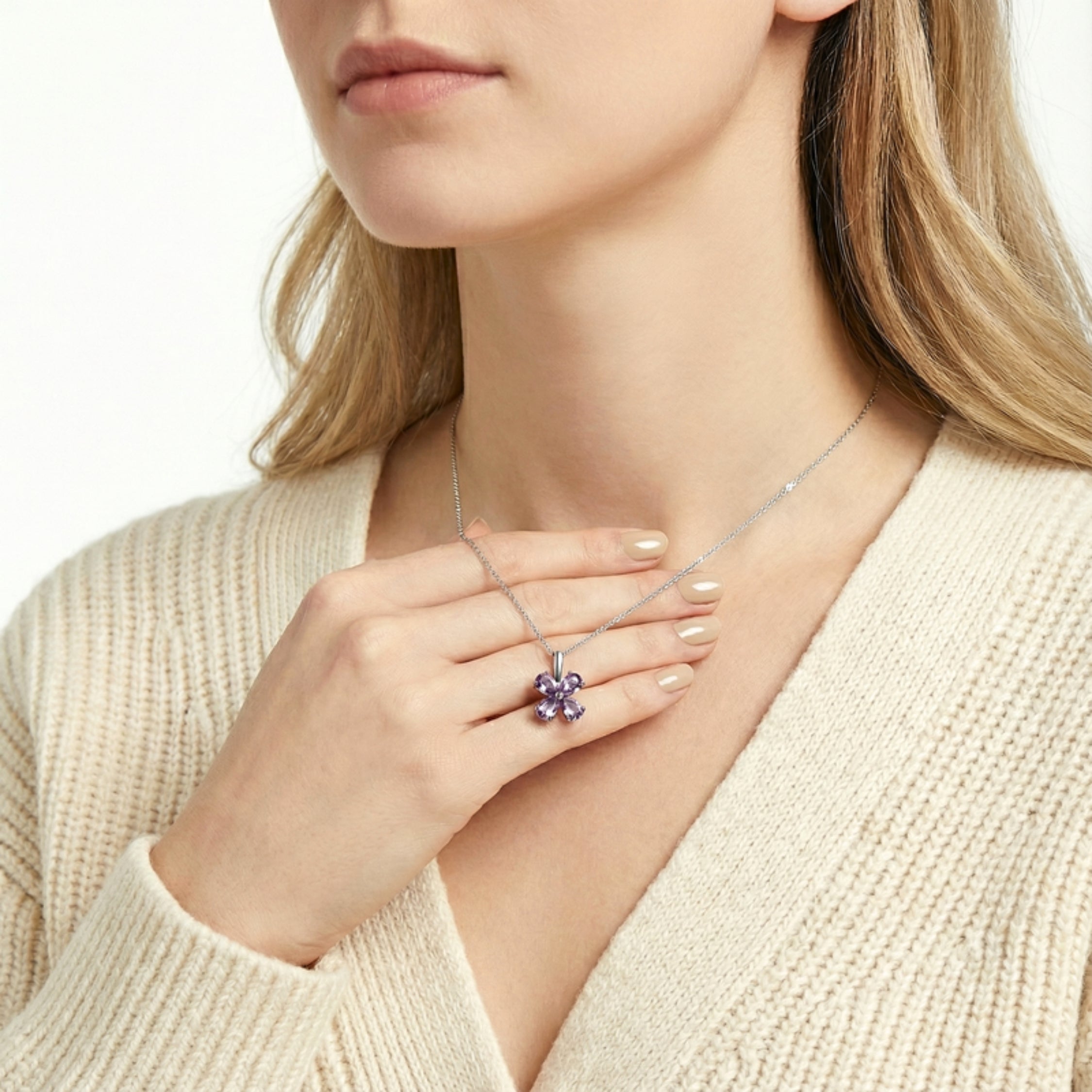 February Pear Cut Birthstone Clover Pendant Necklace - Sterling Silver with Amethyst-Tone Zircon